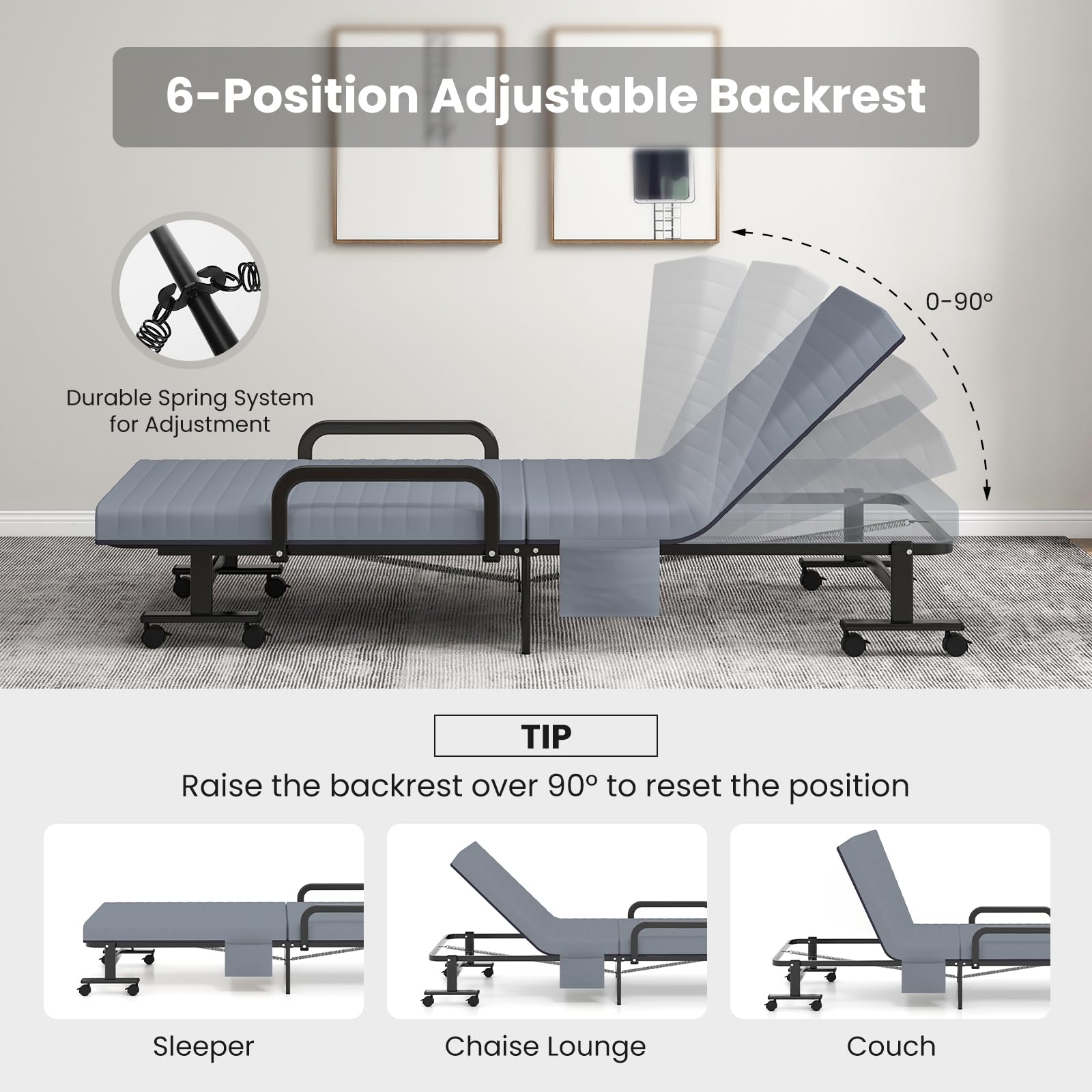 KOMFOTT Portable Guest Bed with 6 Positions Adjustable Backrest & Side Storage Pocket