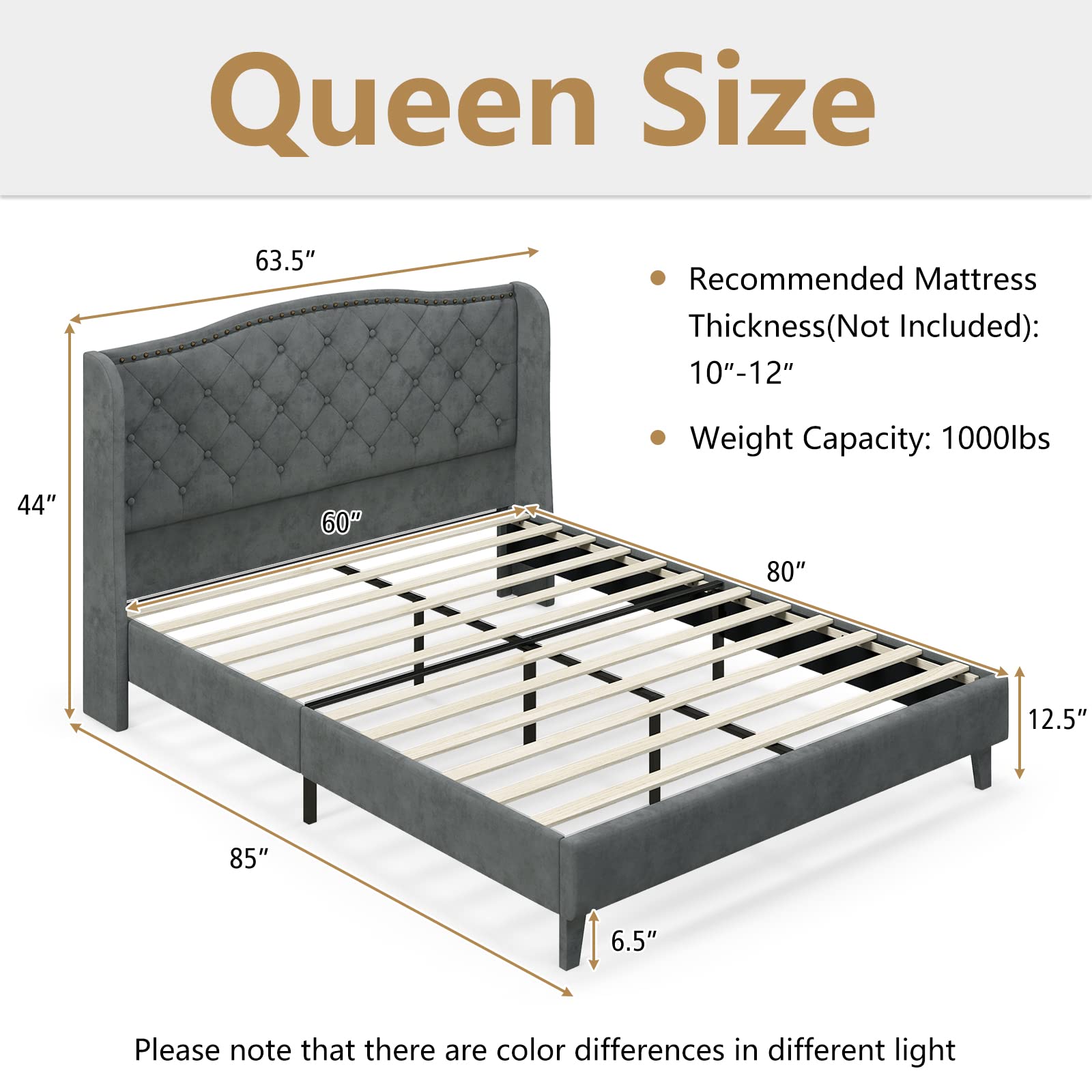 KOMFOTT Full/Queen Size Velvet Upholstered Platform Bed Frame with Button Tufted Headboard