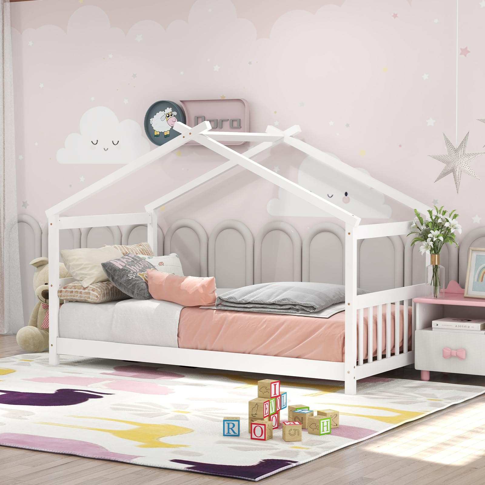 KOMFOTT Twin Wood Kids House Bed with Roof, Headboard and Footboard