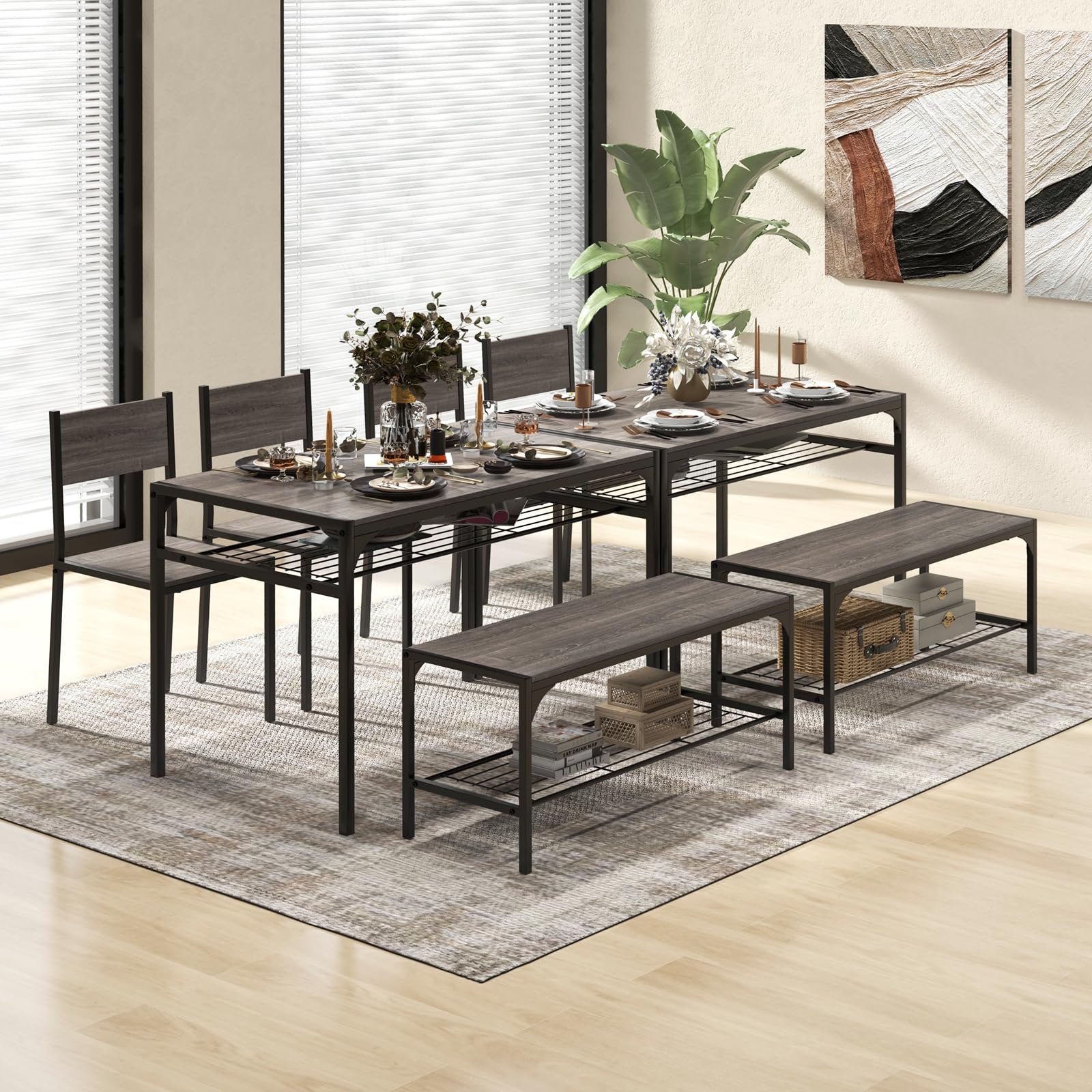 KOMFOTT 4 Pieces Dining Table Set, Kitchen Table and 2 Chairs for 4 with Bench, Storage Racks