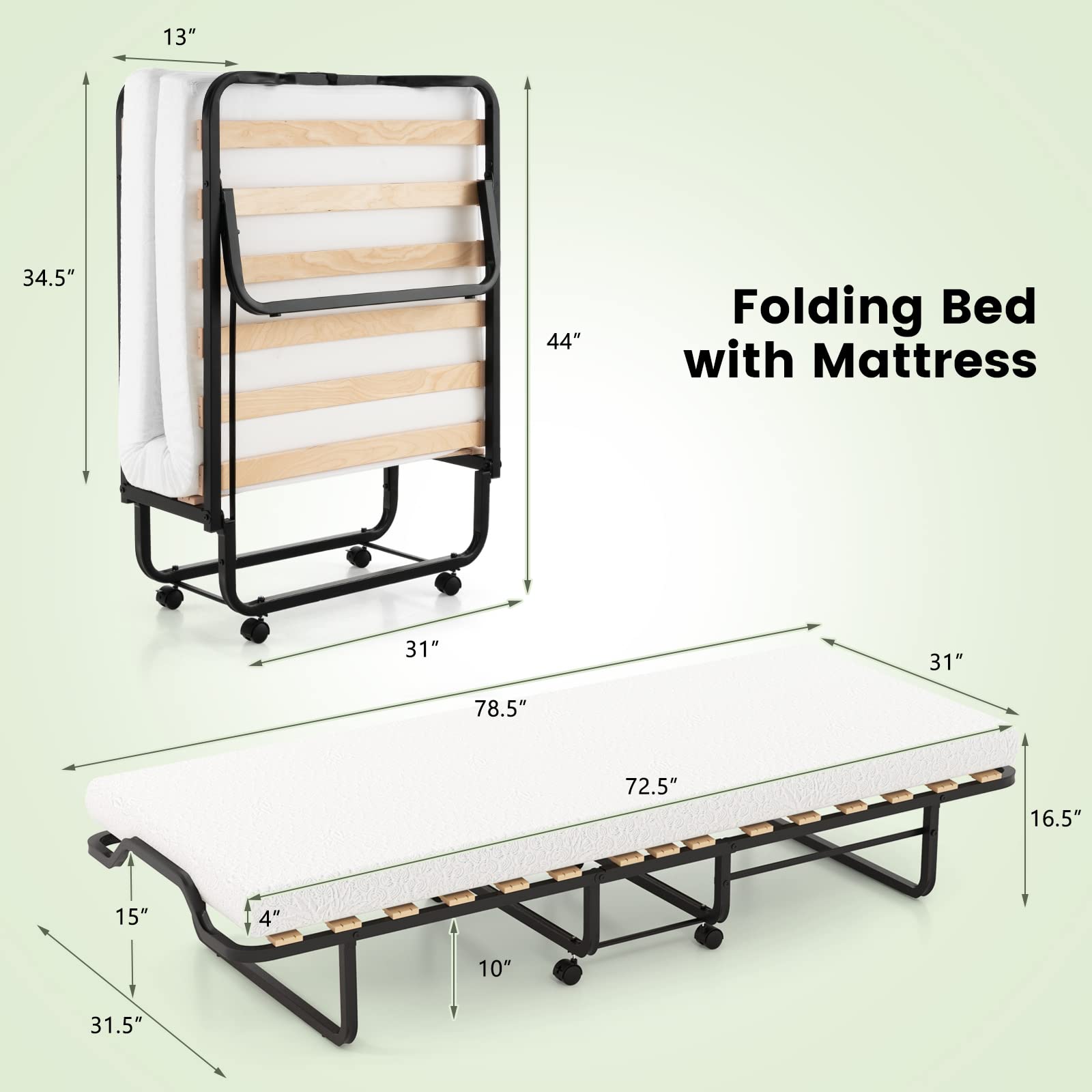 KOMFOTT Folding Bed with 4 Inch Mattress for Adults, Cot Size Rollaway Guest Bed w/Memory Foam Mattress & Solid Wood Slats