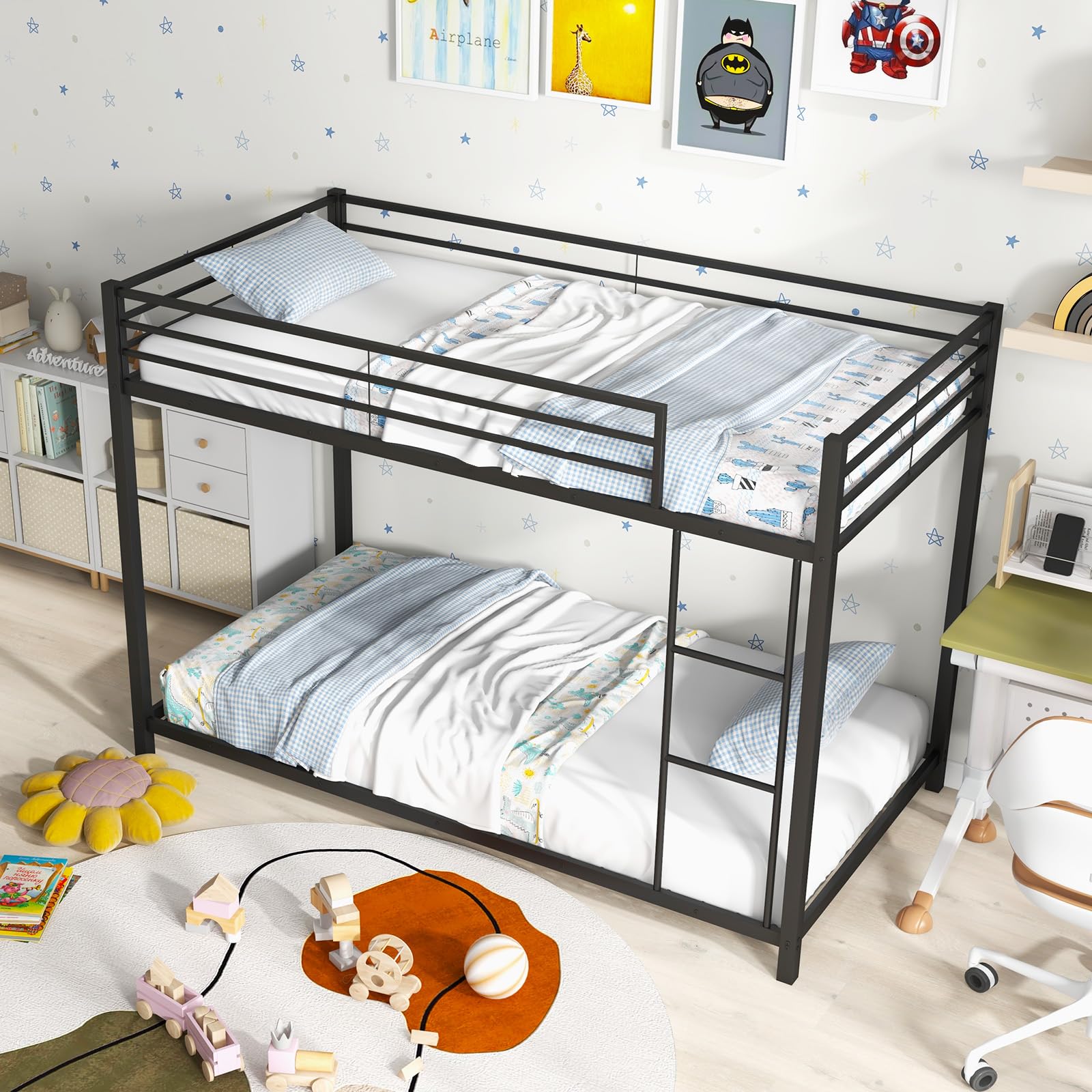 KOMFOTT Metal Bunk Bed Twin Over Twin, Classic Bunk Bed Frame with Safety Guard Rails & Side Ladder