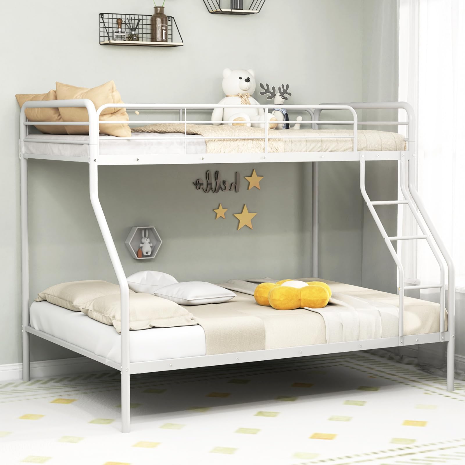 KOMFOTT Twin Over Full Metal Bunk Bed with Inclined Ladder, Safety Guardrail