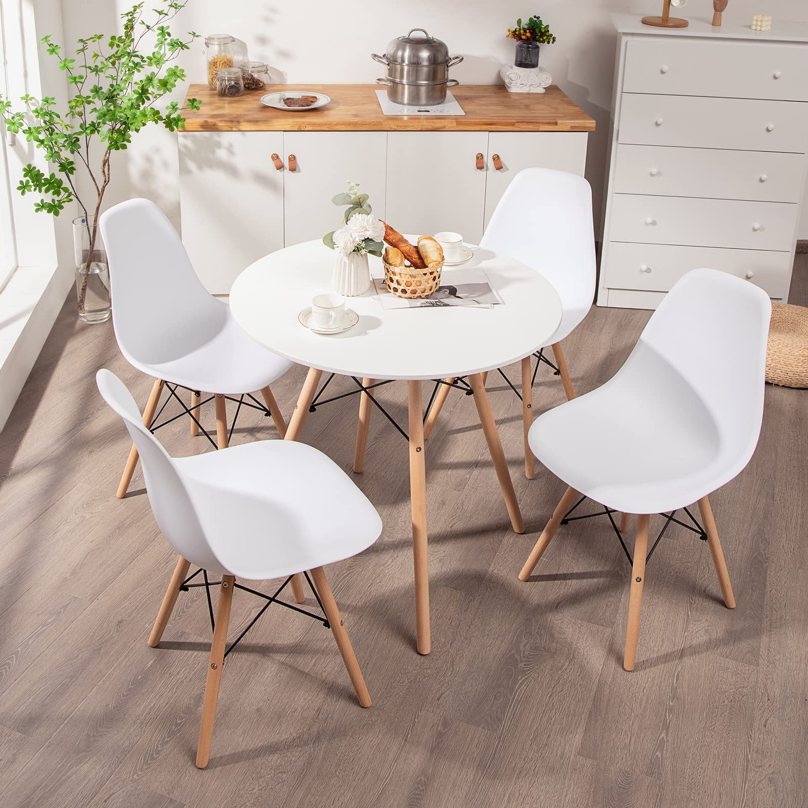 KOMFOTT Round Dining Table Set for 4, Modern 31.5" D Dining Table & 4 Dining Chairs with Solid Wood Legs