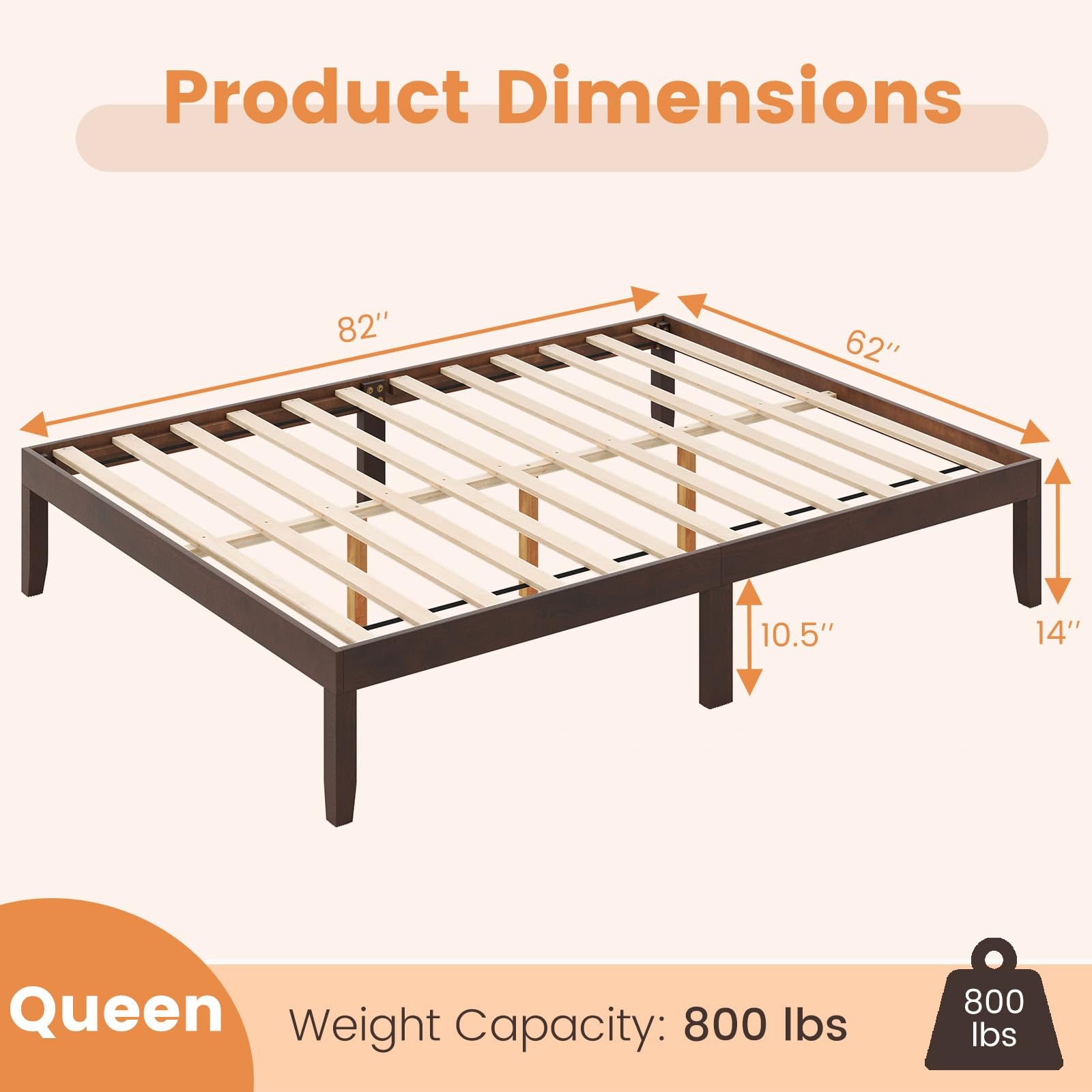 KOMFOTT Wood Platform Bed Frame, 14 Inches Wooden Mattress Foundation with Solid Rubber Wood Legs