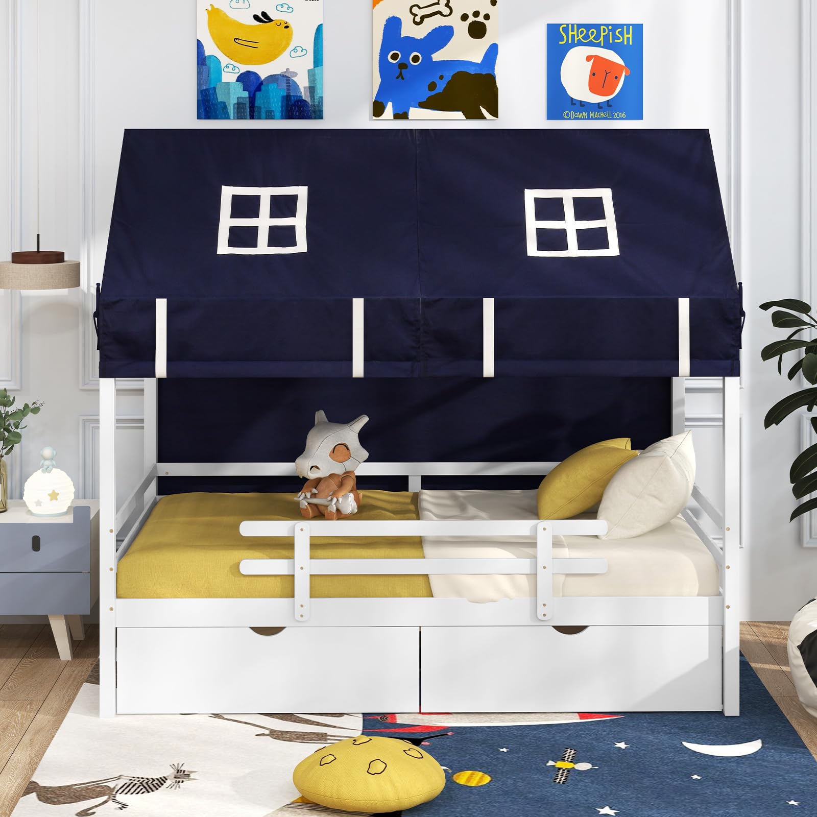 KOMFOTT Twin House Bed with Tent, Wood Kids Bed with 2 Storage Drawers, Solid Wood Daybed Frame with Rails and Roof