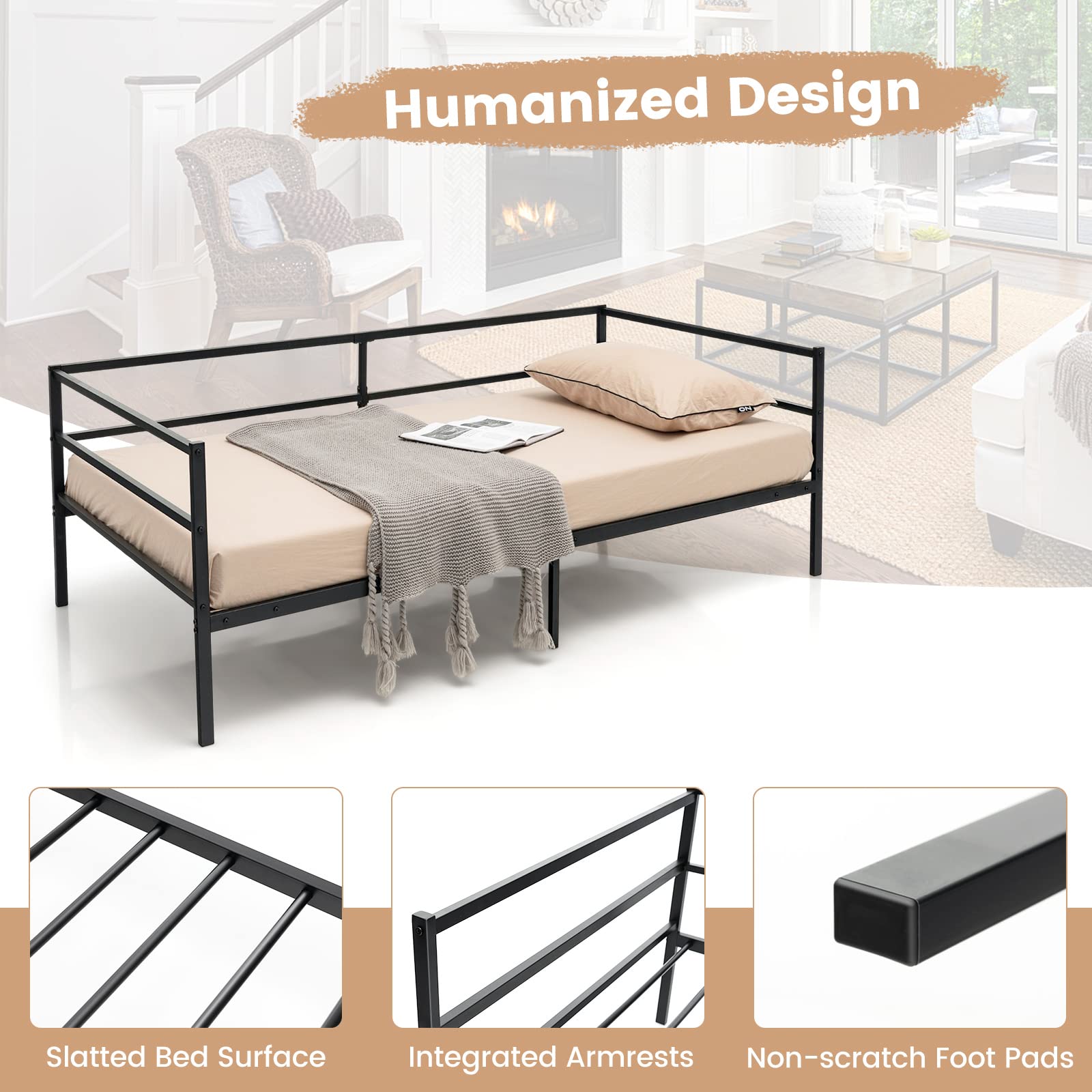 KOMFOTT Twin Size Metal Daybed with Metal Slat Support & 3-Sided Guardrails