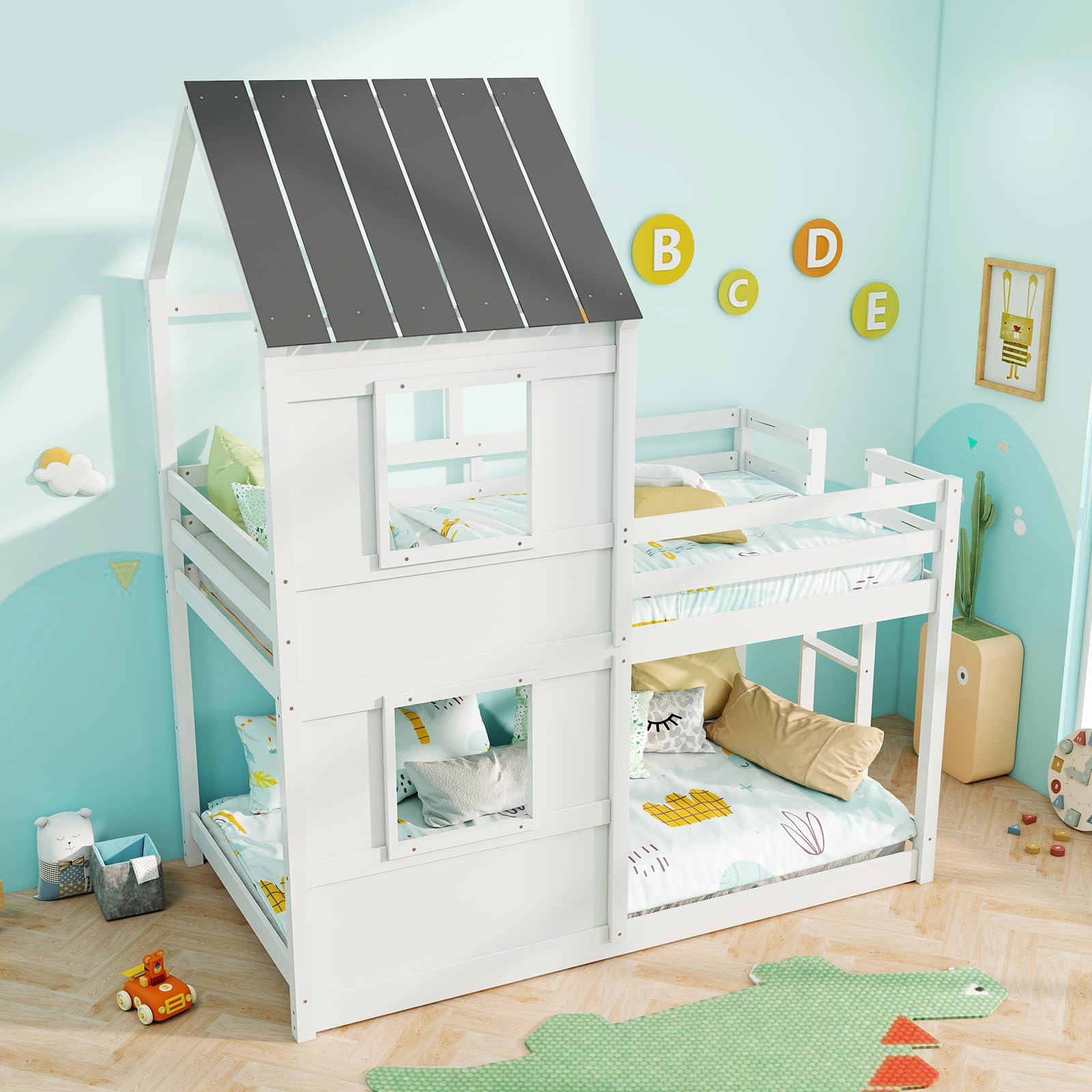 KOMFOTT House Bunk Bed Twin Over Twin, Solid Wood Floor Bunk Bed with Built in Ladder, Window & Safety Guardrail