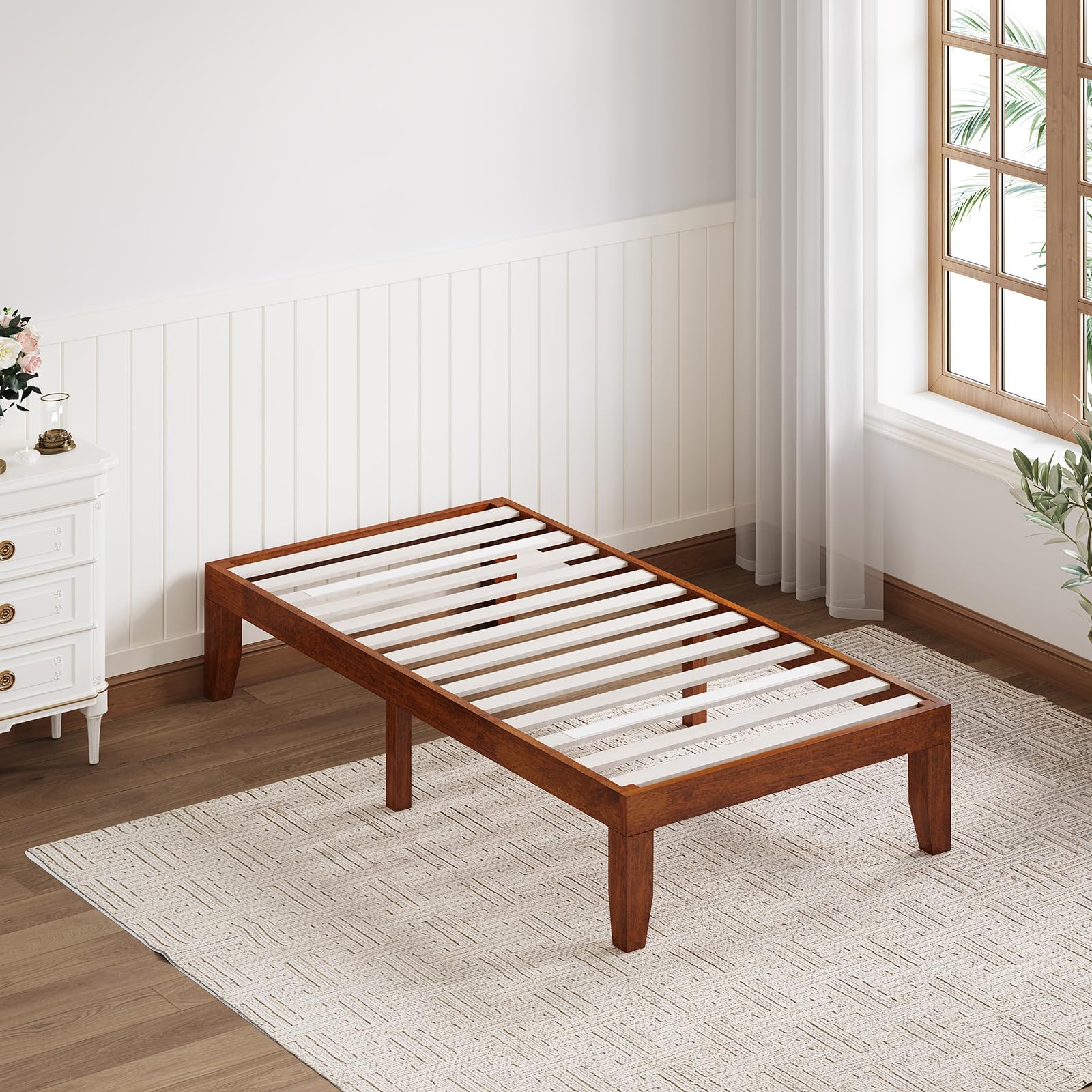 KOMFOTT 14 Inches Wood Platform Bed Frame, Solid Wood Mattress Foundation with Rubber Wood Frame