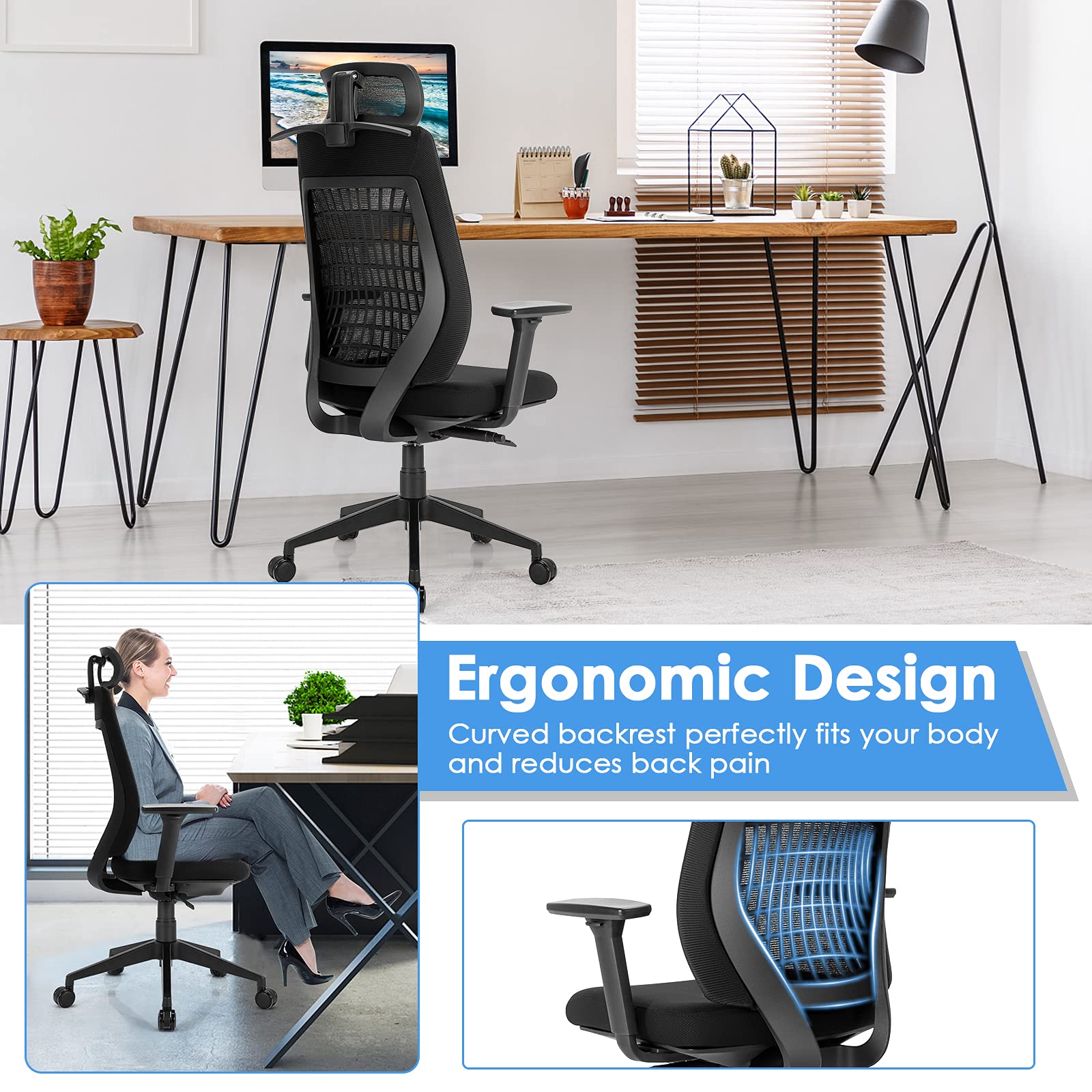 KOMFOTT Ergonomic Mesh Office Chair, Reclining High Back Swivel Executive Chair w/ 3D Armrests, Rotatable Headrest