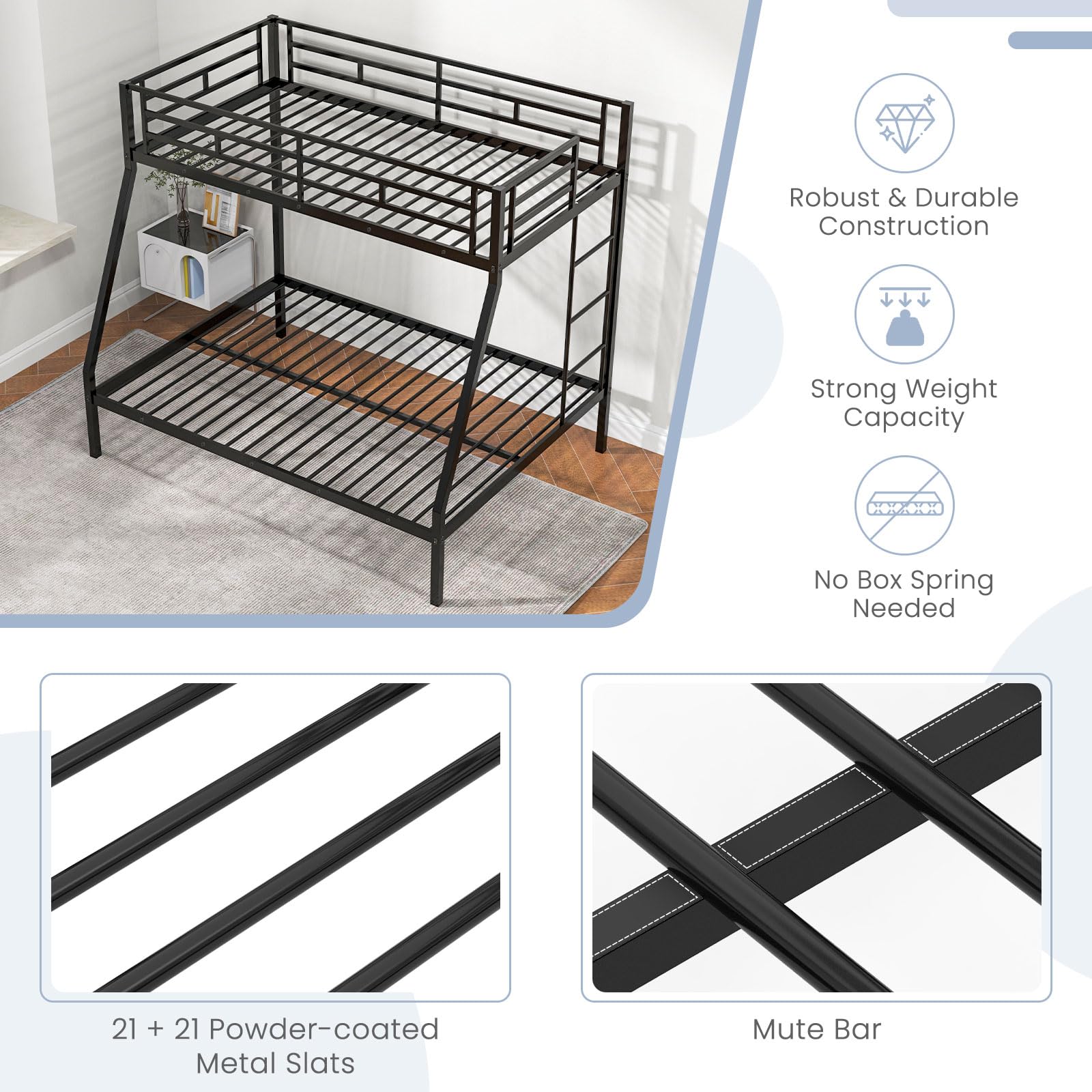 KOMFOTT Metal Twin Over Full Bunk Bed with Ladder and Steel Frame Support