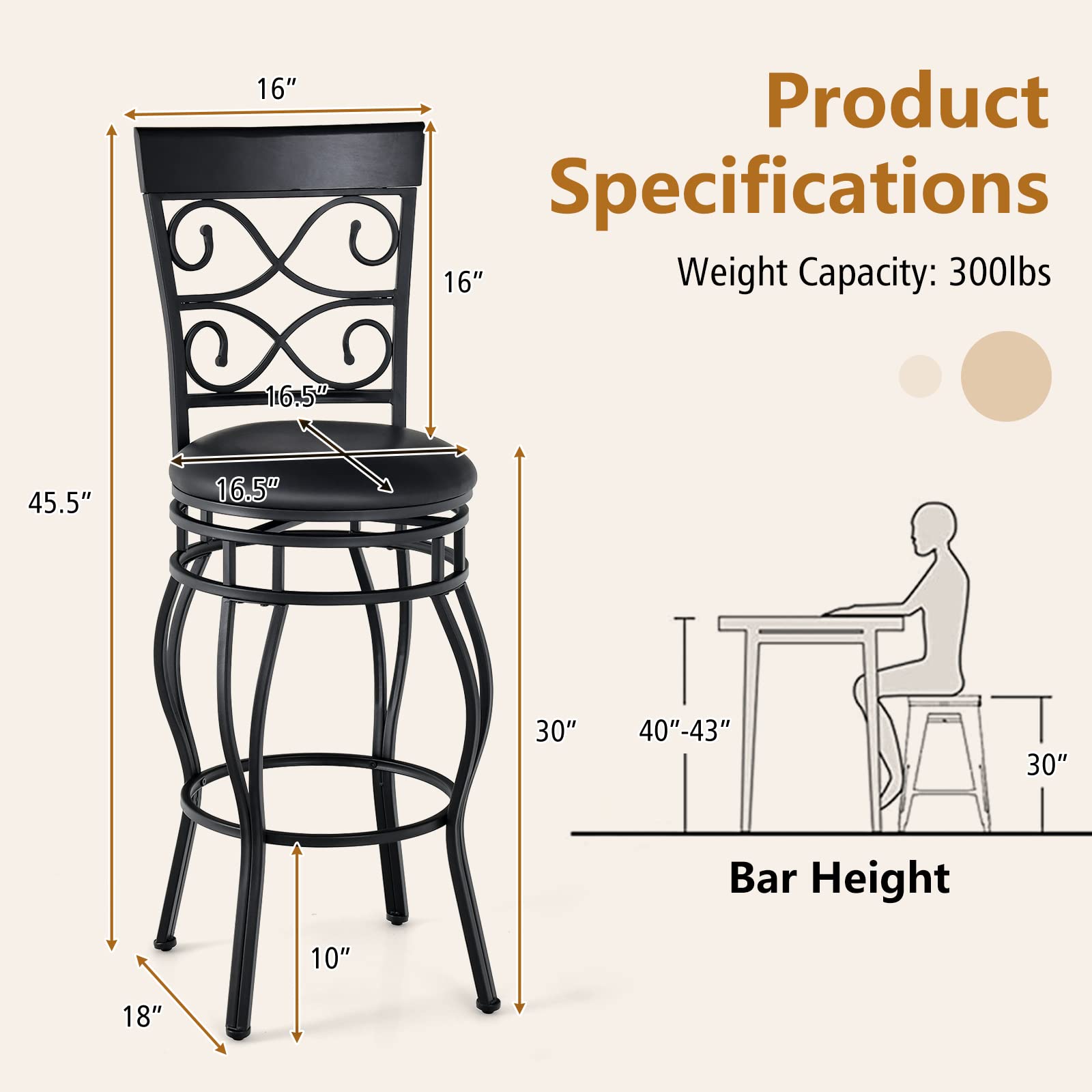 KOMFOTT Bar Stools Set of 2/4, 360 Degree Swivel, 26" & 30" Bar Height Bar Stools, Leather Padded Seat