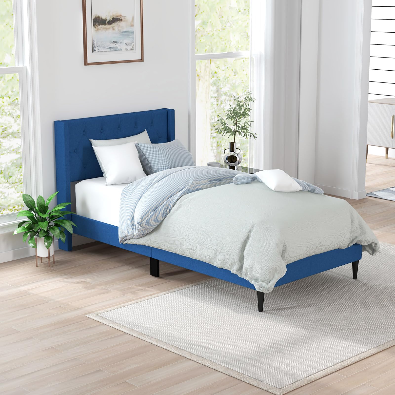 KOMFOTT Twin/Queen Size Upholstered Platform Bed with Button Tufted Wingback Headboard