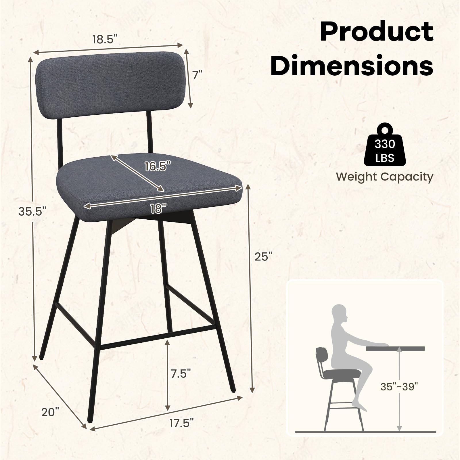 KOMFOTT Bar Stools Set of 2/4, 25” Upholstered Counter Height Bar Stools with Back