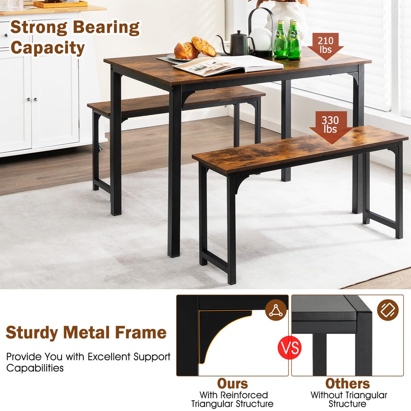 KOMFOTT Dining Table Set for 4, Industrial Kitchen Table Set w/ 2 Benches