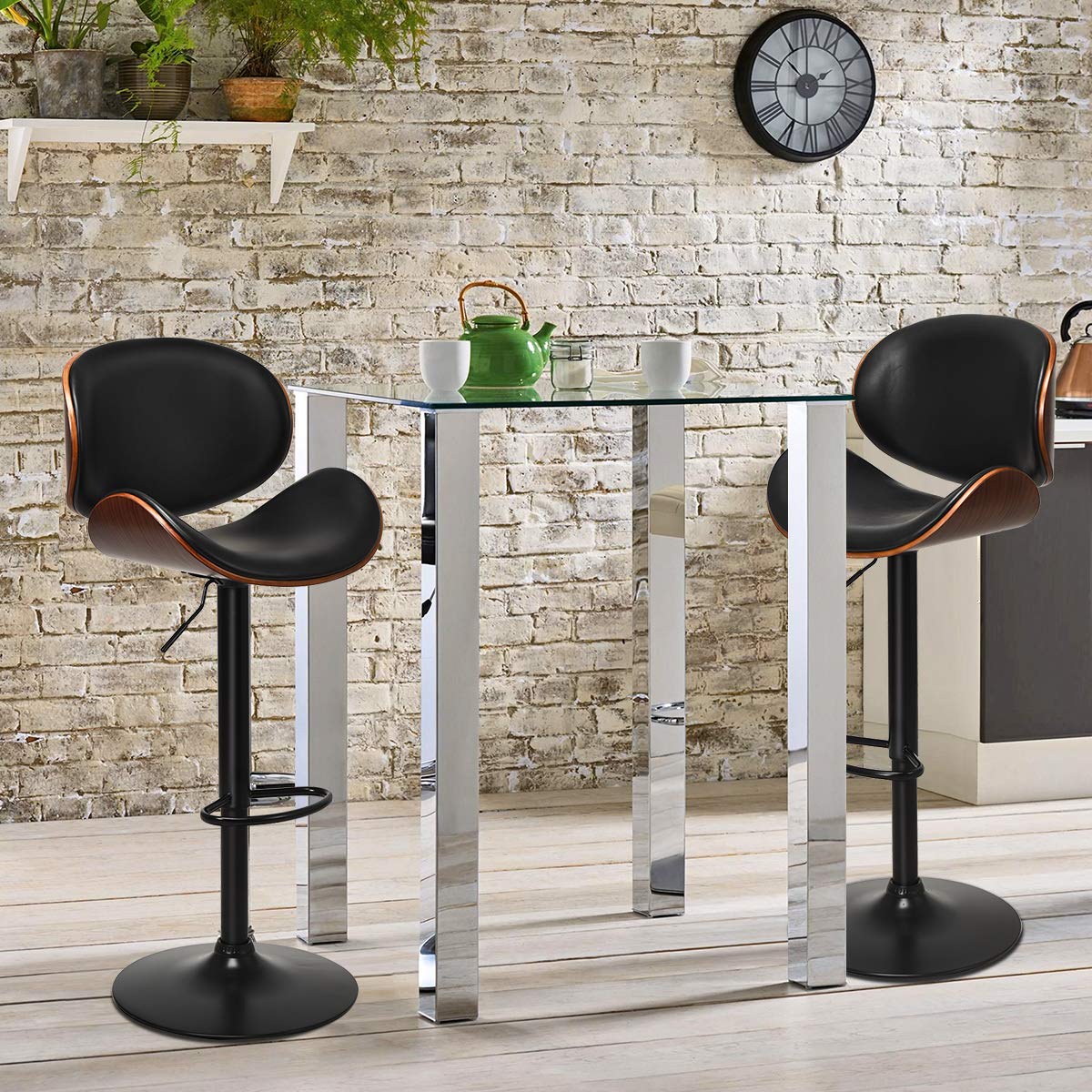 KOMFOTT Bar Stools Set of 2/4, Adjustable Swivel Bentwood Barstools with Back, Large Iron Base, 360 Degree PU Leather Seat and Curved Footrest