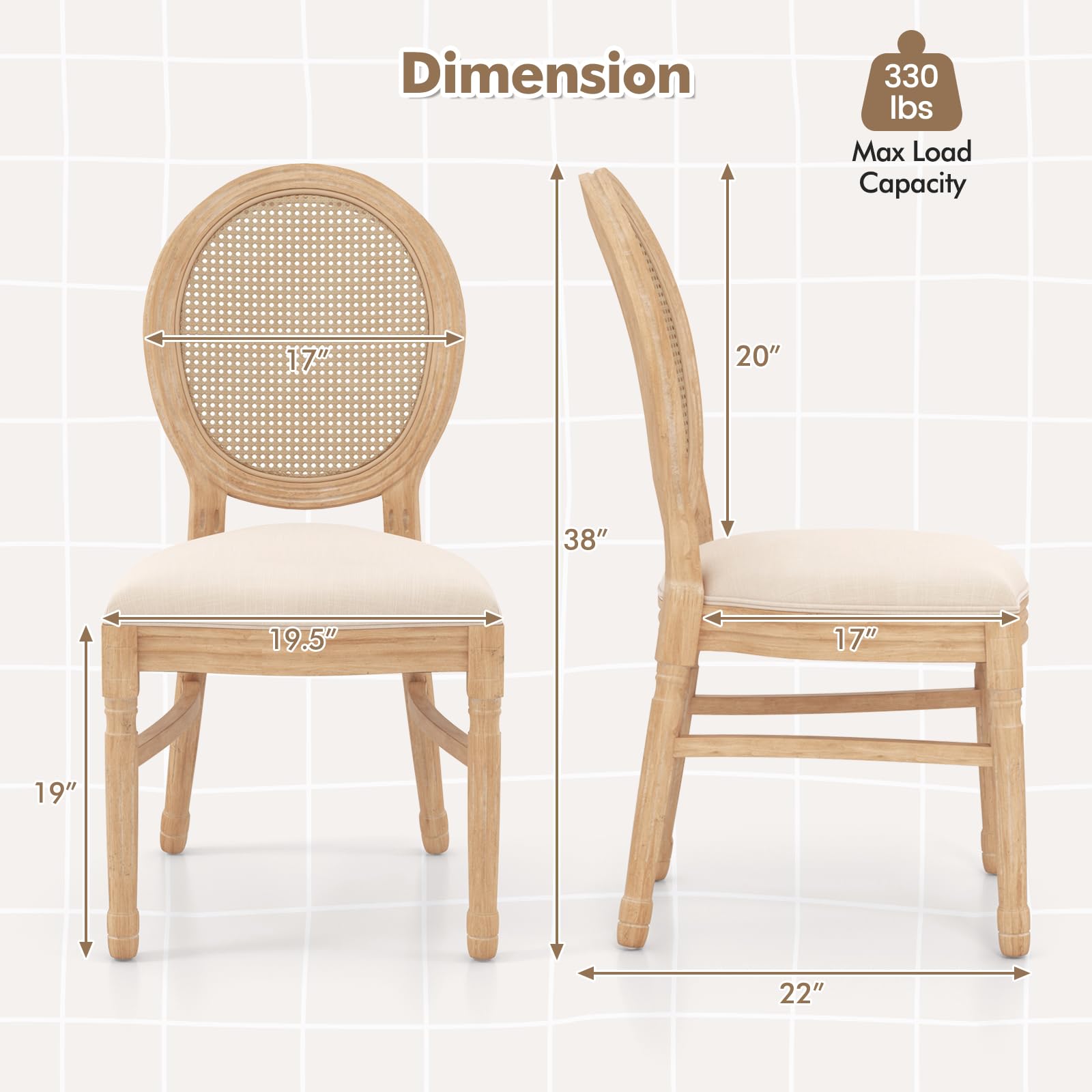 KOMFOTT Wood Dining Chairs Set of 2/4, Farmhouse Upholstered Dining Room Chair with Rattan Backrest