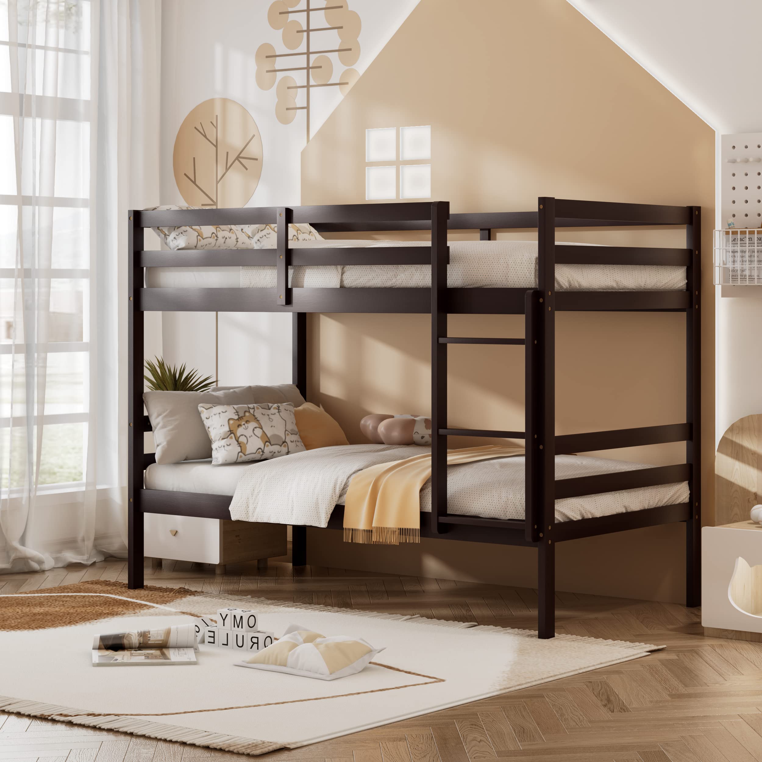 KOMFOTT Wood Bunk Bed Twin Over Twin with Ladder & Safety Guardrail