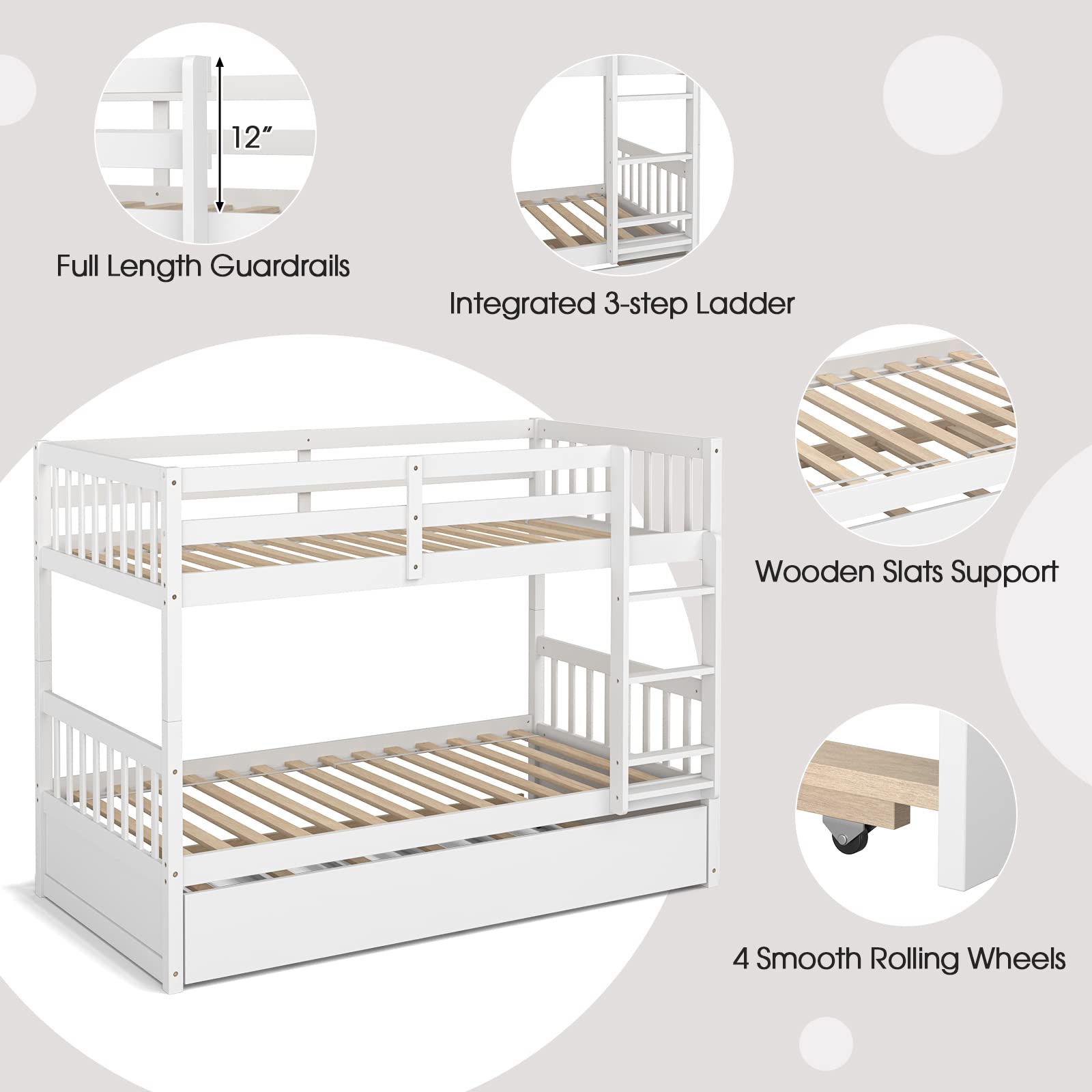 KOMFOTT Twin Over Twin Wood Bunk Bed with Trundle, Convertible Platform Bed Frame with Ladder & Solid Wood Frame