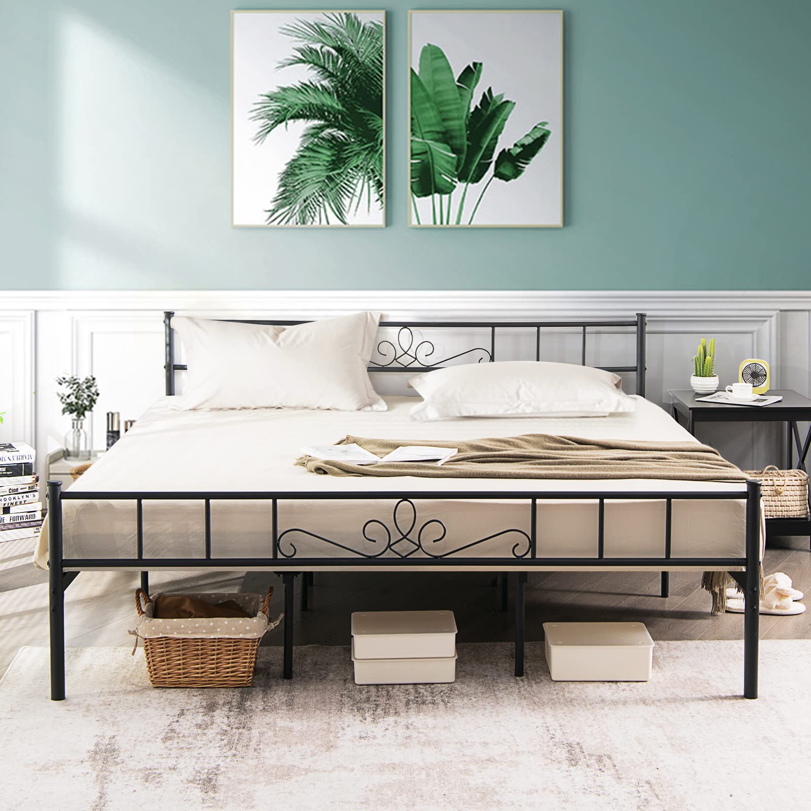 KOMFOTT Metal Platform Bed Frame with Headboard & Footboard, Reinforced Metal Slats Supported Mattress Foundation