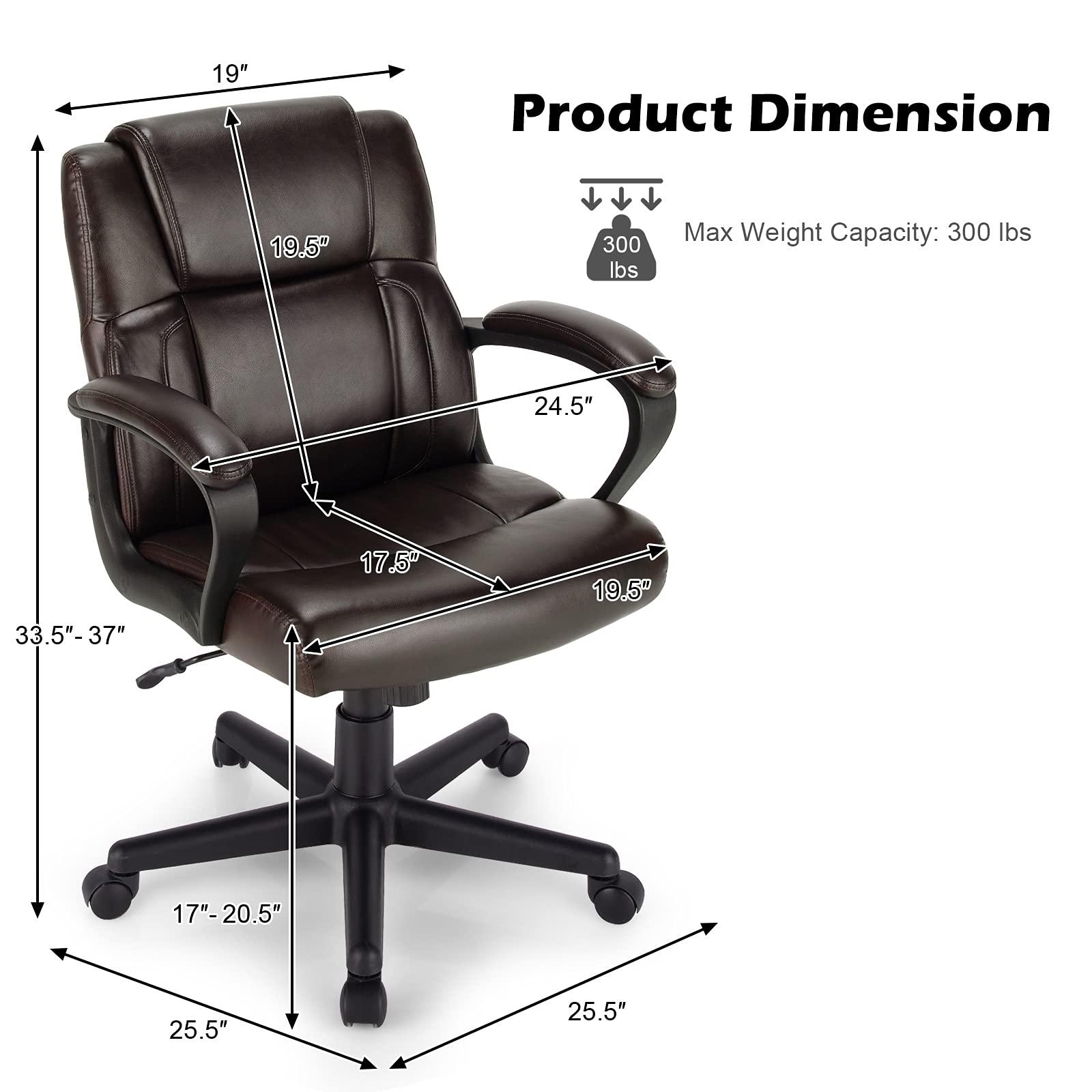 KOMFOTT Leather Modern Executive Chair, Ergonomic Mid Back Computer Desk Chair w/Padded Armrests