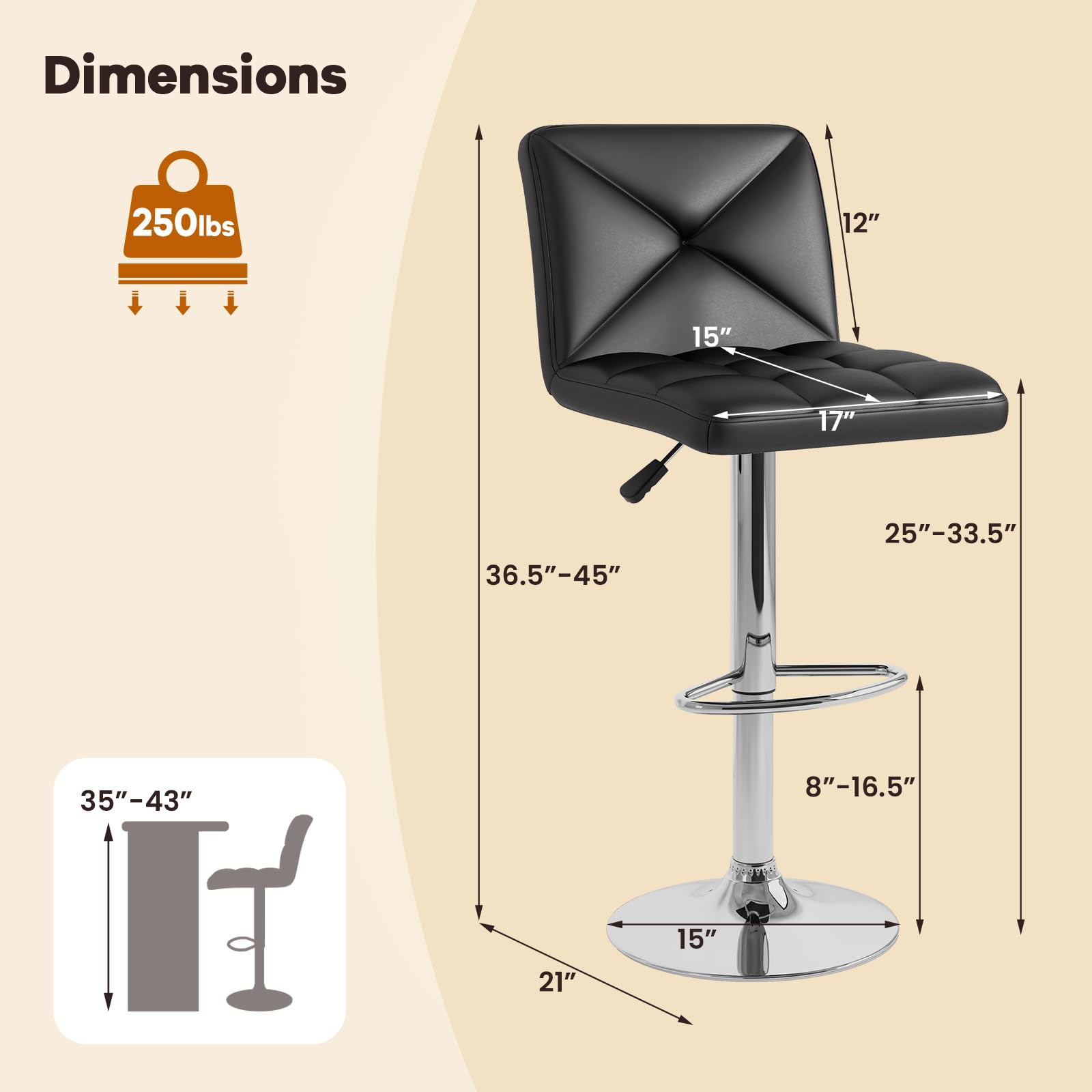 KOMFOTT Bar Stools Set of 2/4, Modern PU Leather Swivel Counter Height Bar Stools with Back, Heavy-Duty Metal Base & Footrest