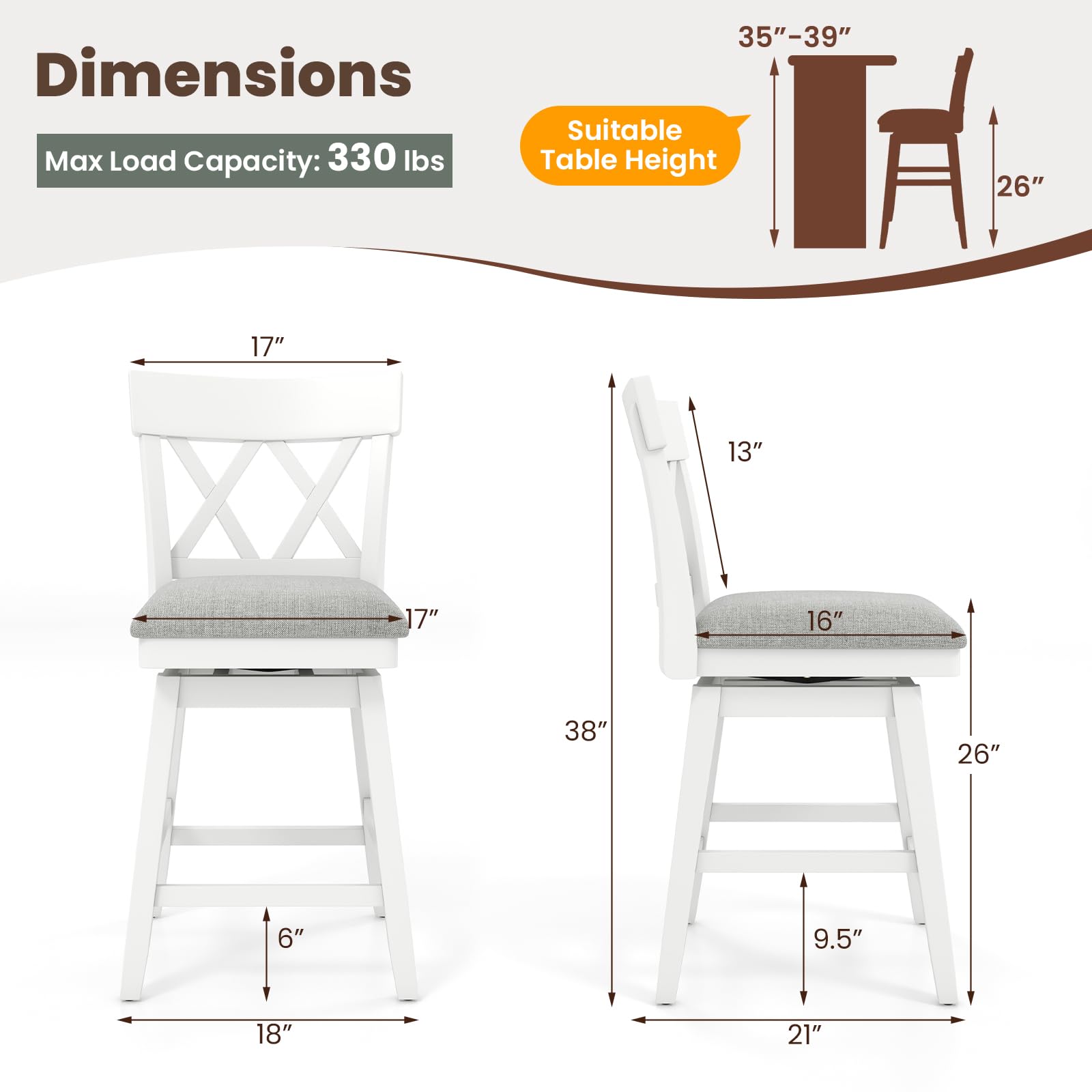 KOMFOTT Bar Stool, Swivel Counter Height Bar Chair with Contoured Backrest, Padded Seat & Rubber Wood Legs