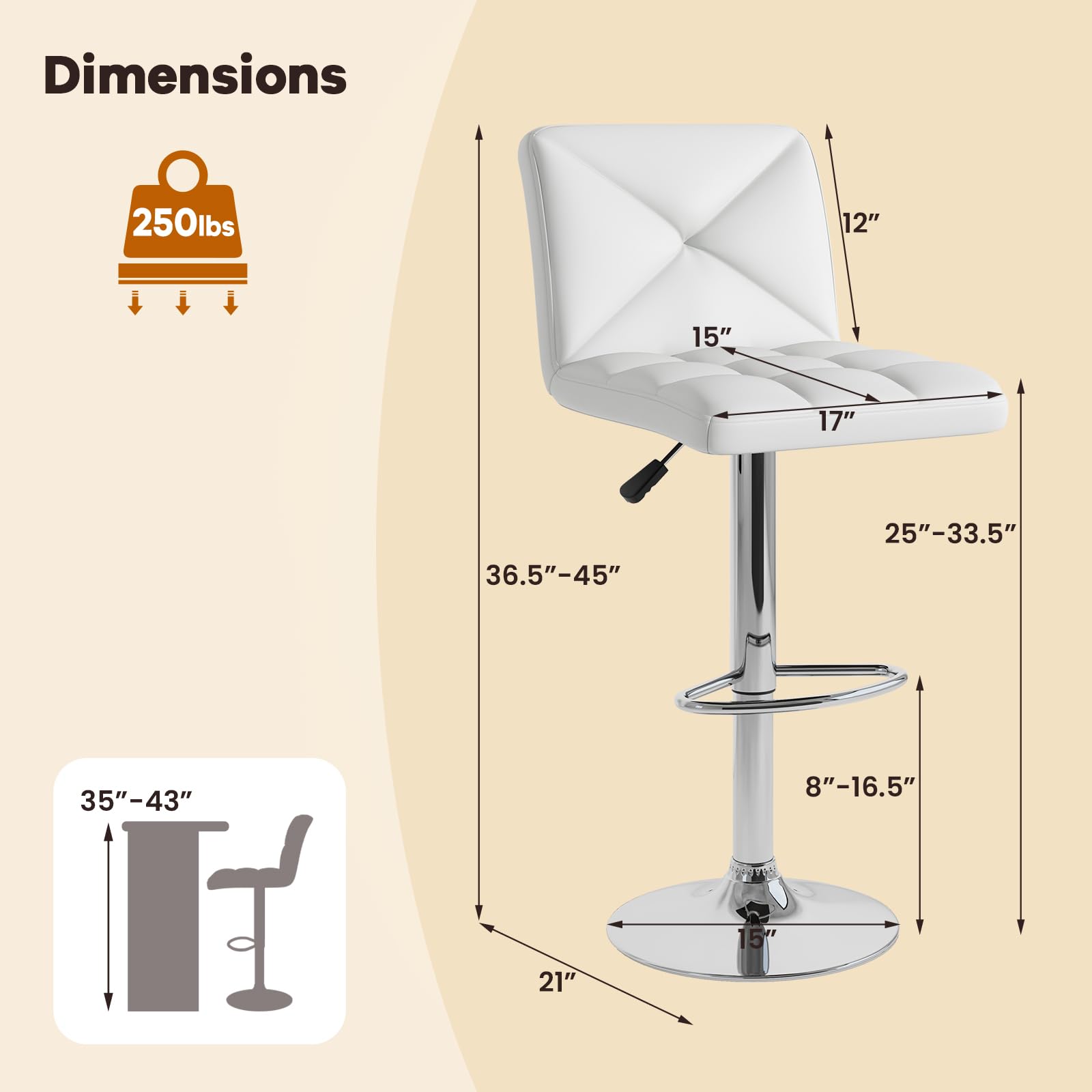 KOMFOTT Bar Stools Set of 2/4, Modern PU Leather Swivel Counter Height Bar Stools with Back, Heavy-Duty Metal Base & Footrest