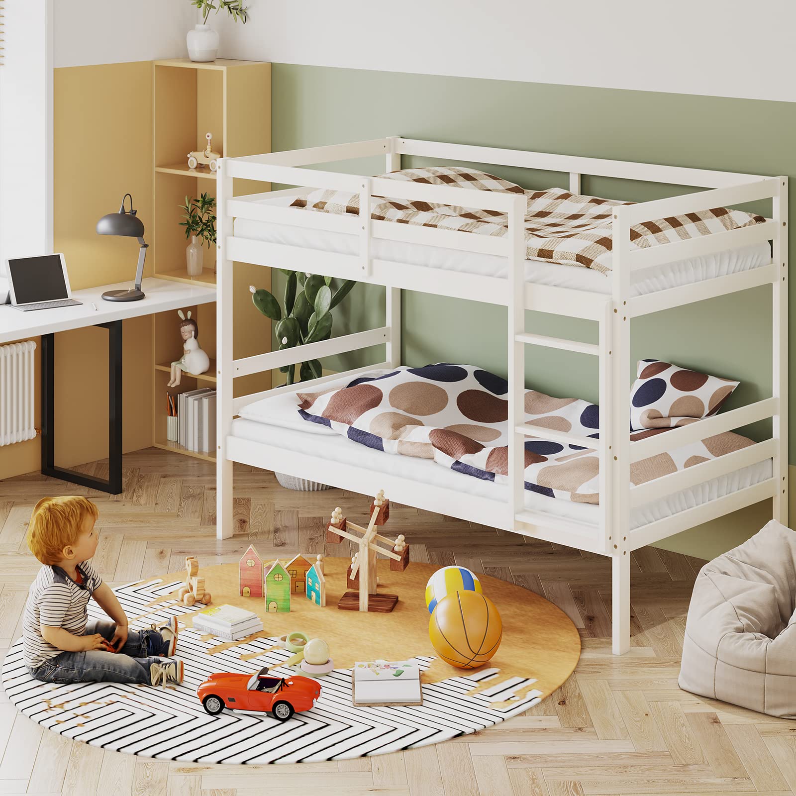 KOMFOTT Wood Bunk Bed Twin Over Twin with Ladder & Safety Guardrail