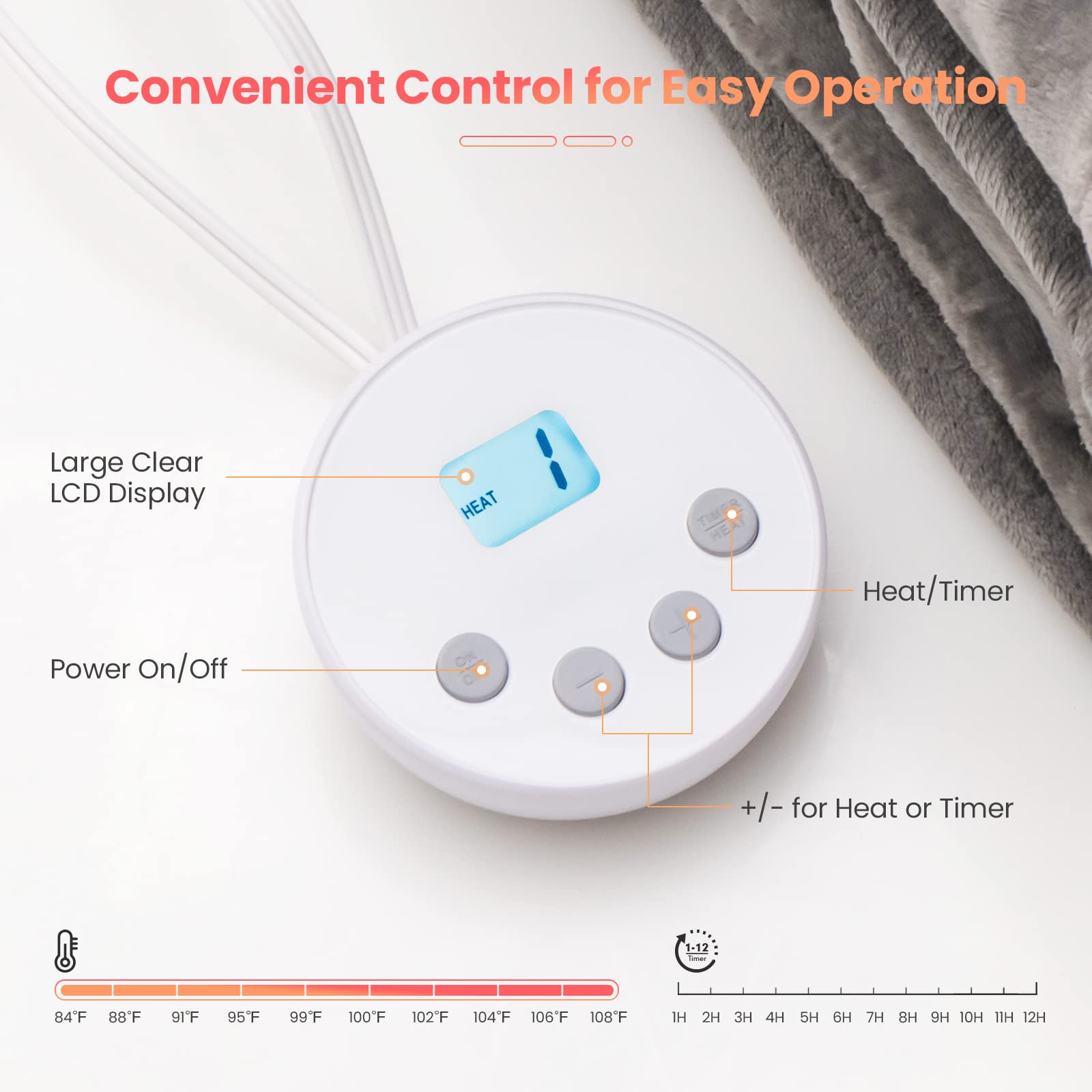 KOMFOTT Heated Blanket Electric Blanket Twin Size 84’’ x 62’’ Heating Blanket with 10 Heating Levels & 12 Hour Selectable Auto Shut-Off