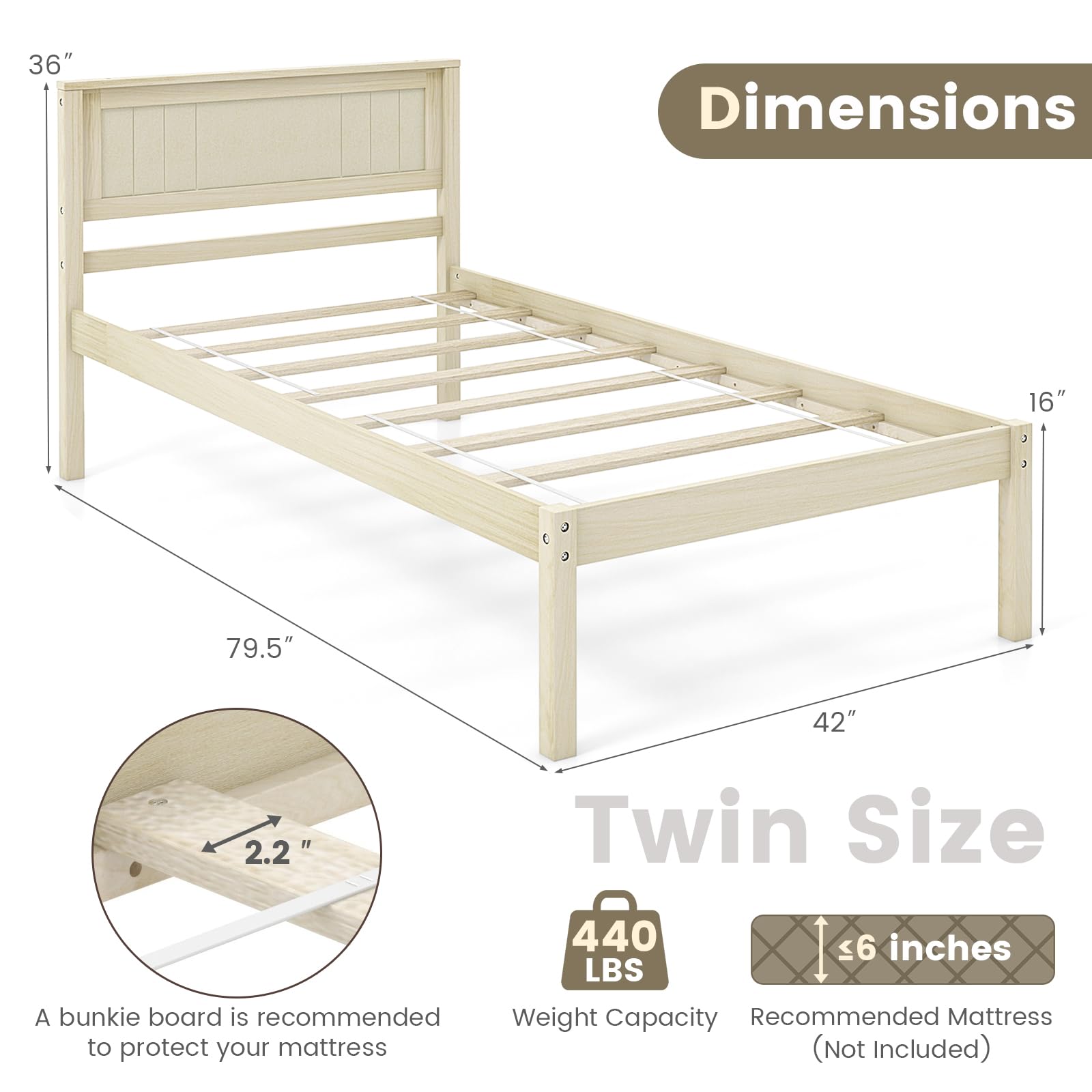 KOMFOTT Wooden Platform Bed Frame with Headboard & Wood Slat Support