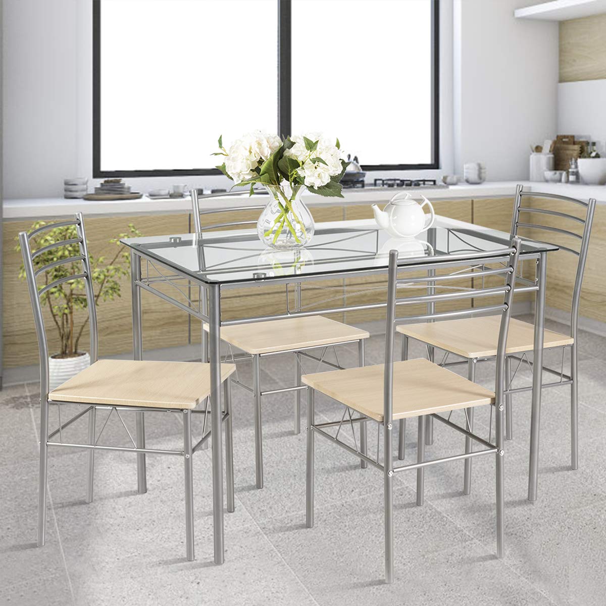 KOMFOTT 5 Piece Dining Table Set, Kitchen Dining Set with Tempered Glass Table Top and 4 Chairs