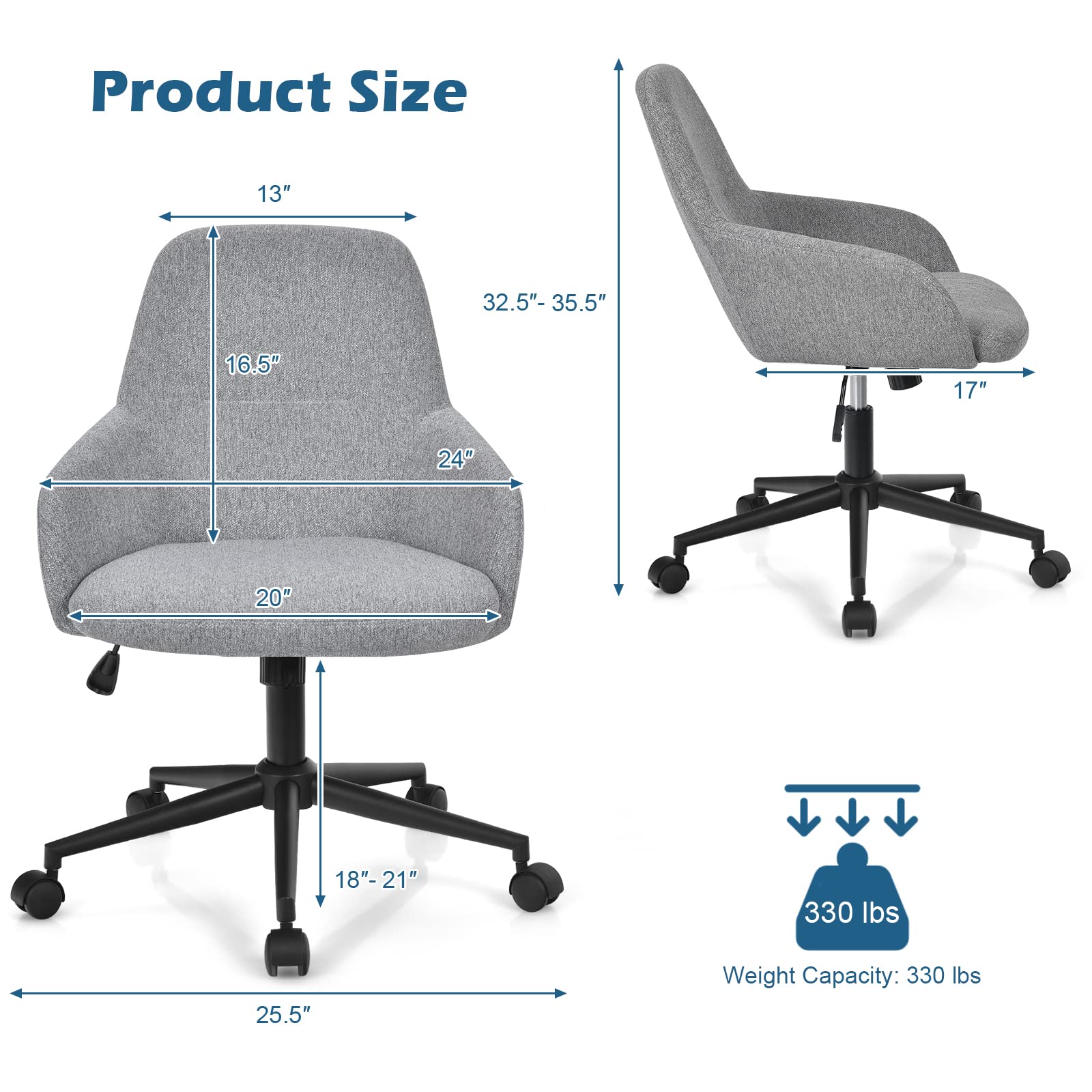 KOMFOTT Fabric Office Chair, Upholstered Linen Leisure Chair, Ergonomic Desk Chair w/Rocking Backrest