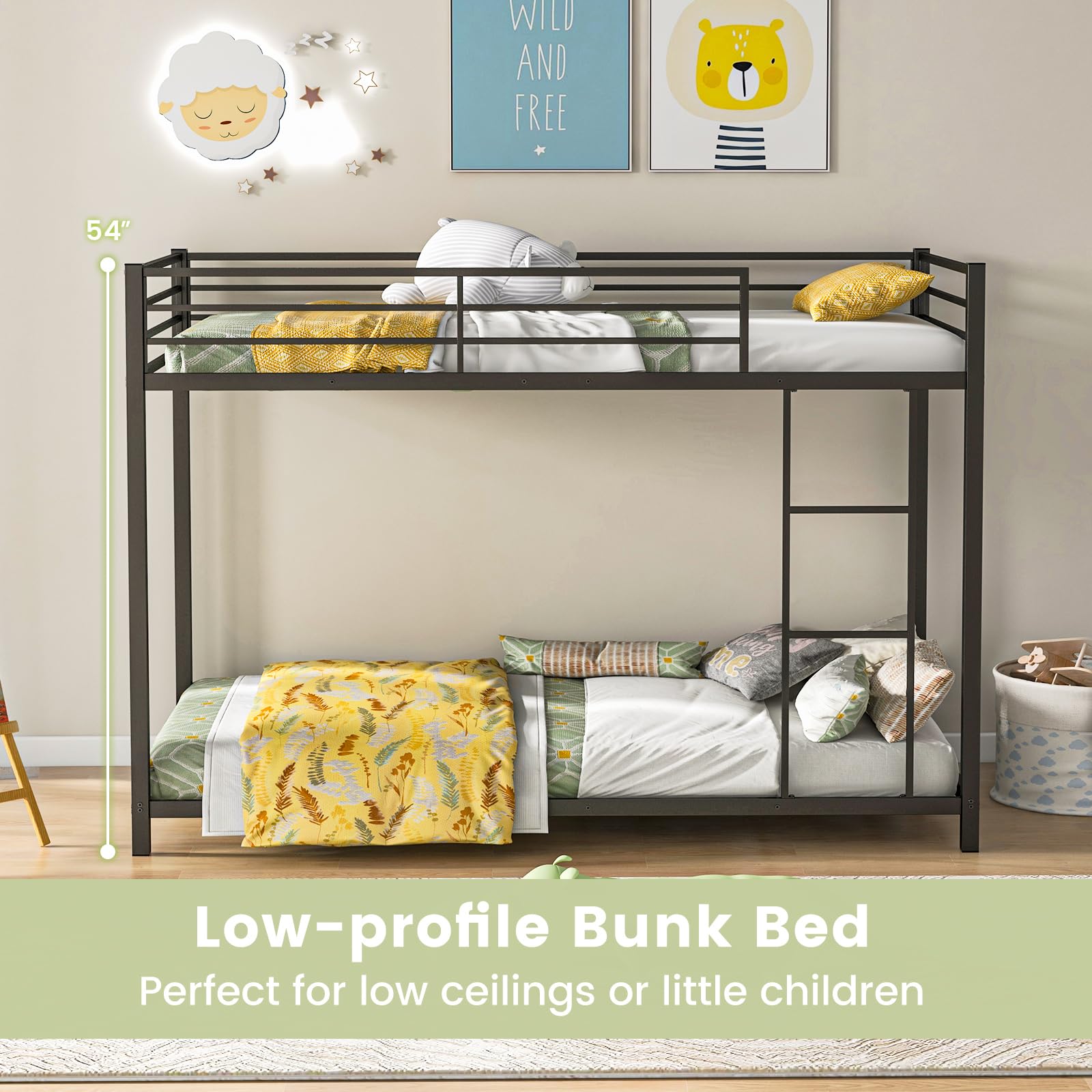 KOMFOTT Twin Over Twin Metal Low Floor Bunk Bed with Safety Guard Rail & Ladder