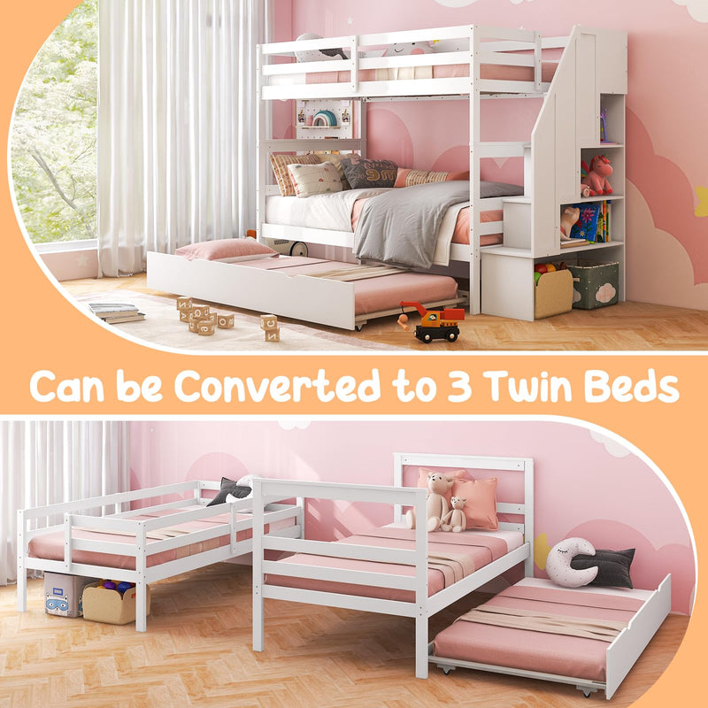 KOMFOTT Wood Twin Over Twin Bunk Bed with Trundle & Storage Stairs, Convertible to 2 Separated Beds