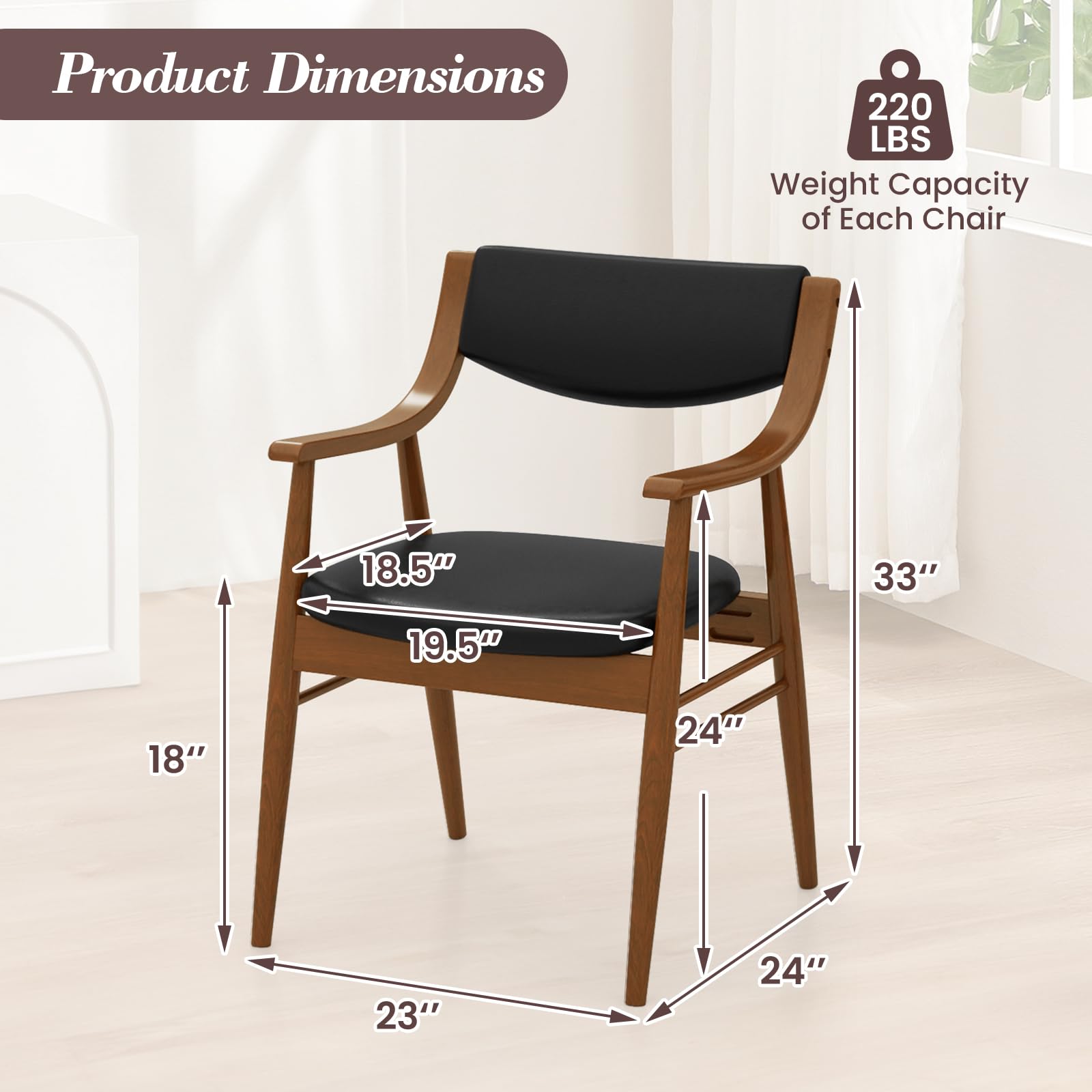 KOMFOTT Wooden Dining Chairs Set of 2/4, PU Leather Upholstered Kitchen Chairs w/Padded Seat & Back, Rubber Wood Frame