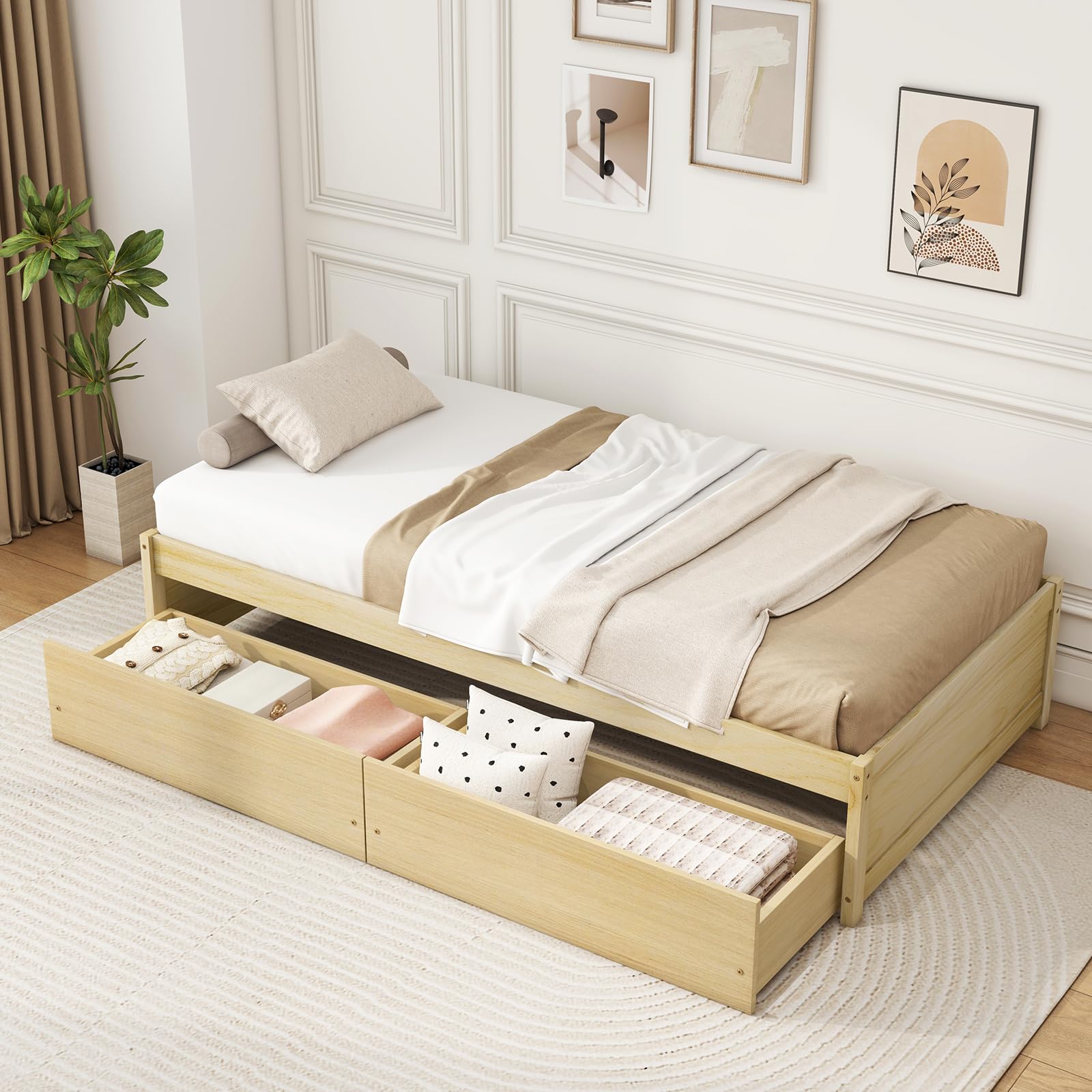 KOMFOTT Twin Bed Frame with 2 Storage Drawers, Solid Wood Platform Bed with Slats Support