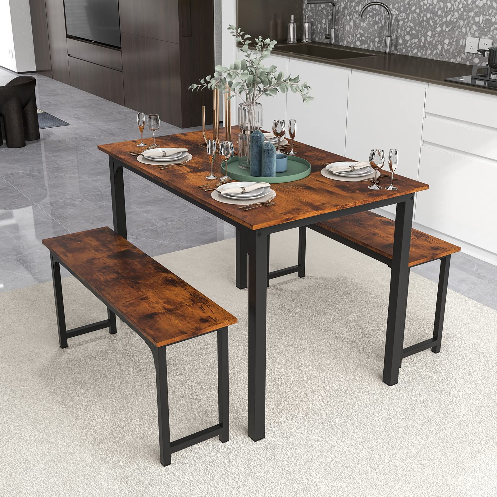 KOMFOTT Dining Table Set with 2 Benches, Industrial Kitchen Table & Chairs with Metal Frame