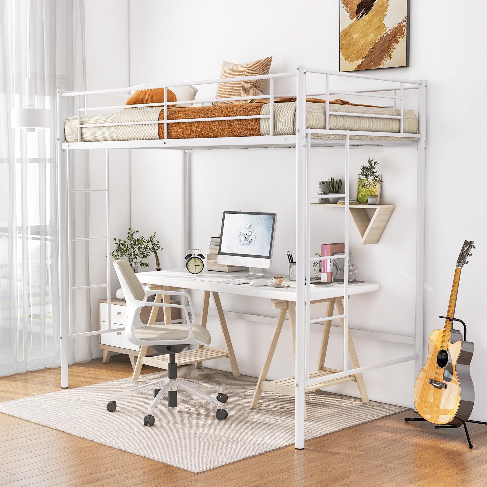 KOMFOTT Metal Loft Bed Frame Twin Size, Heavy-duty Steel Slats Support Loft Bed with Both Side Ladders & Guardrails