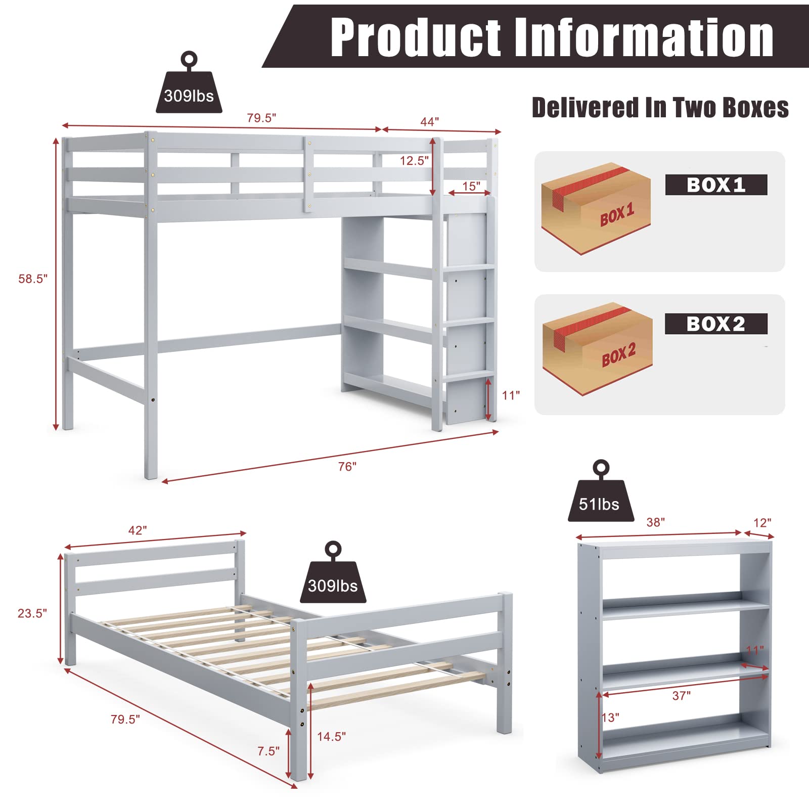 KOMFOTT Twin Over Twin Bunk Bed, Convertible Wooden Loft Bed with 3-Tier Bookcase, Can be Separated into 2 Beds