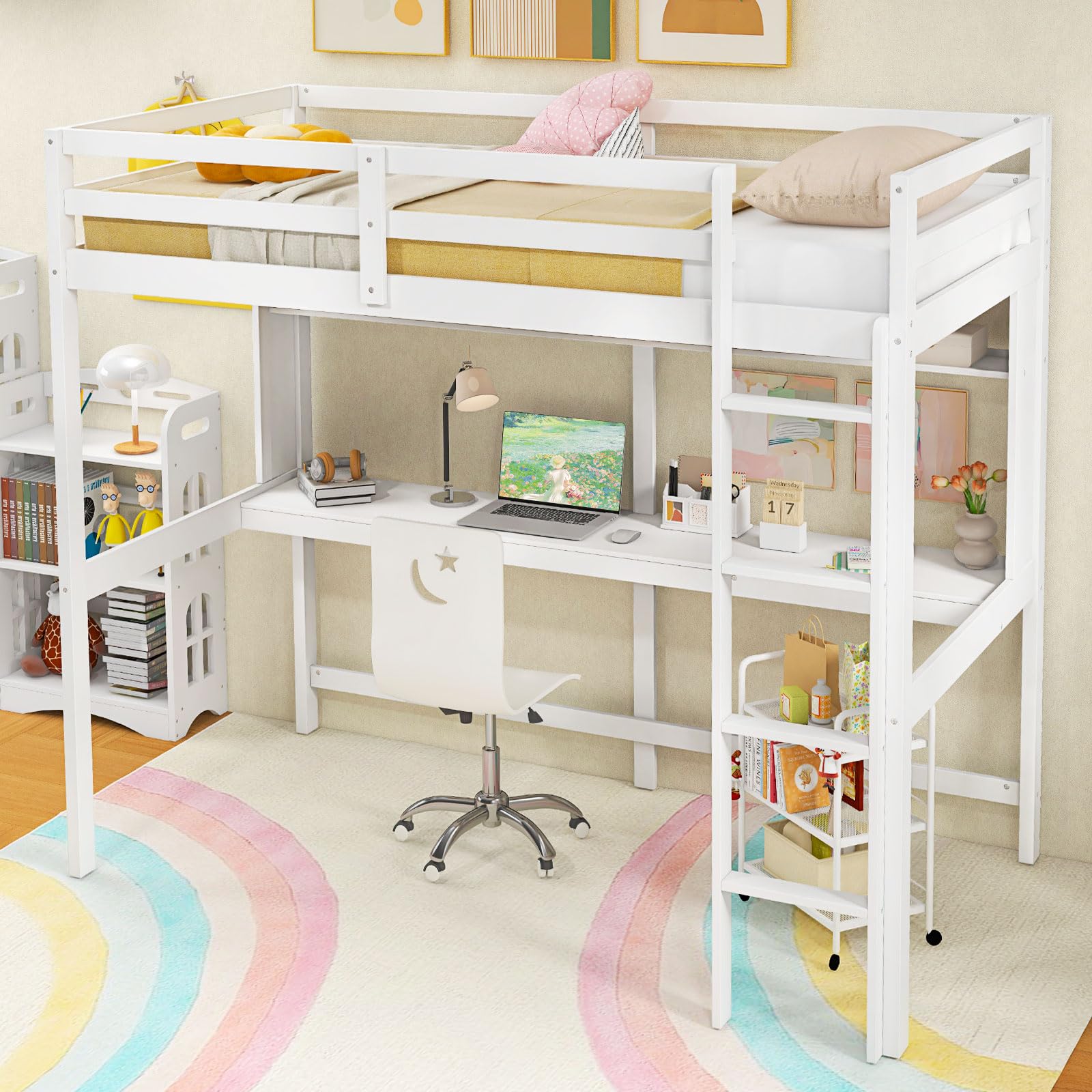 KOMFOTT Twin Loft Bed with Desk and Bookshelf, Solid Wood Loft Bed Frame with Full Length Safety Guardrail & Ladder