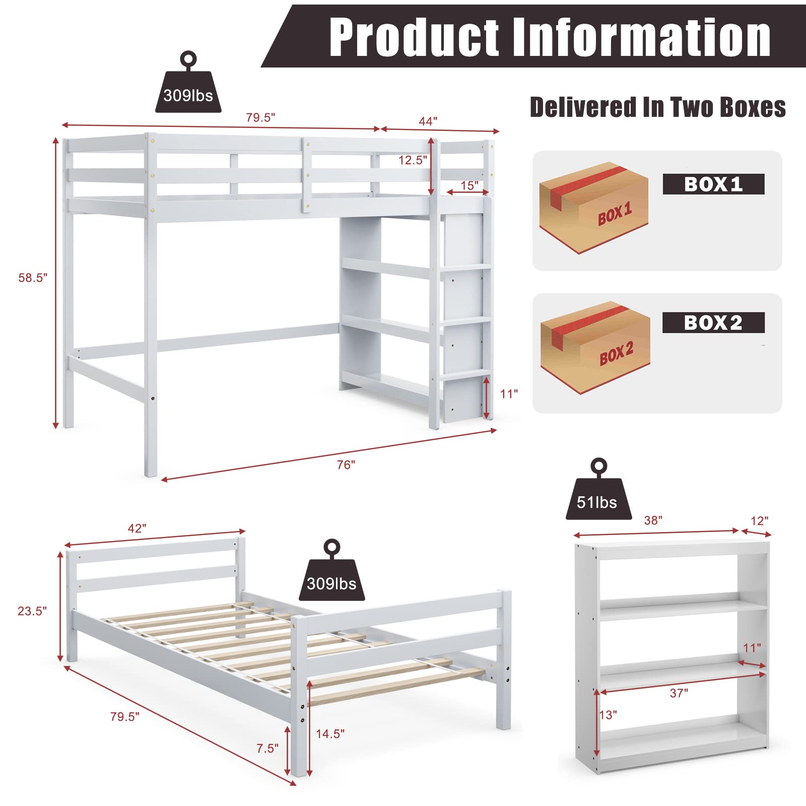 KOMFOTT Twin Over Twin Bunk Bed, Convertible Wooden Loft Bed with 3-Tier Bookcase, Can be Separated into 2 Beds