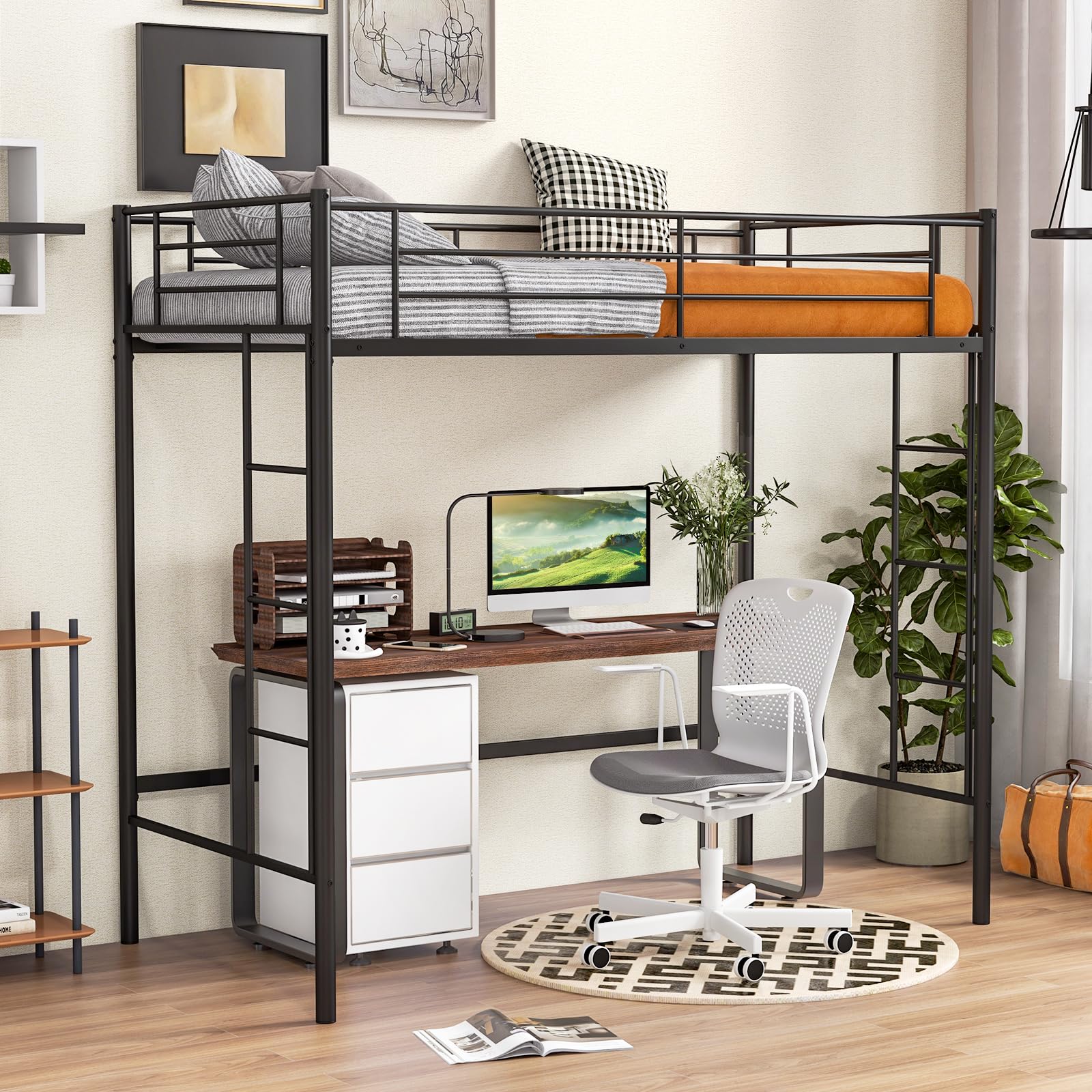 KOMFOTT Twin Size Metal Loft Bed Frame with Both Side Ladders & Safety Guardrails