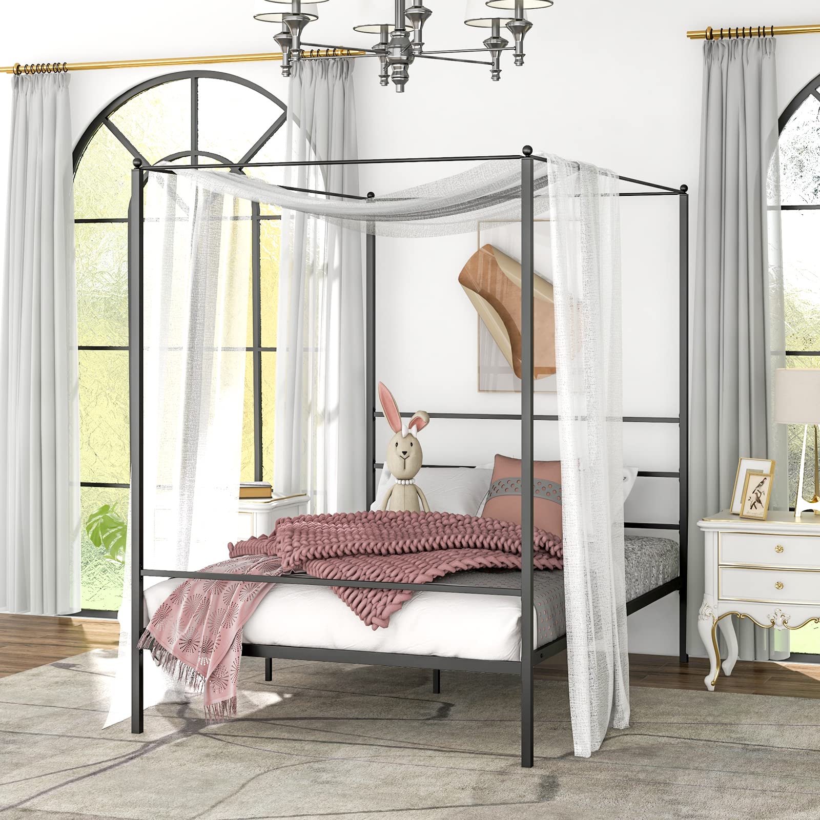 KOMFOTT Twin/Full/Queen Size Metal Canopy Bunk Bed with 4 Poster & Headboard