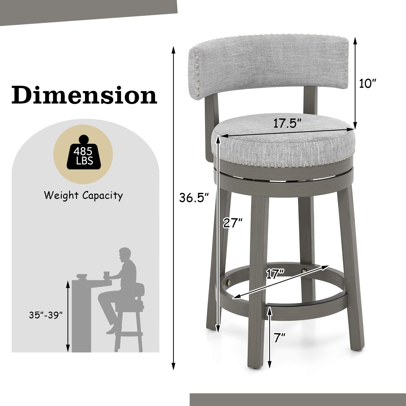 KOMFOTT Bar Stool, Modern 360° Swivel Barstool with Upholstered Back & Seat, Solid Rubber Wood Legs & Round Footrest