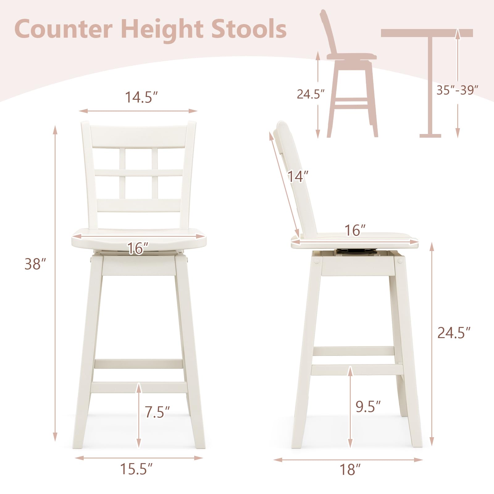 KOMFOTT 24.5" Bar Stools Set of 2/4, Farmhouse Swivel Barstools with 6-Grid Hollow Back & Ergonomic Contoured Seat, Footrest