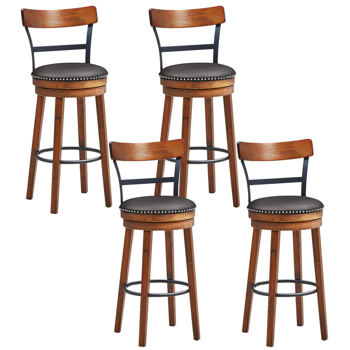 KOMFOTT Bar Stools Set of 1/2/4, 360-Degree Swivel Stools with Leather Padded Seat, Single Slat Ladder Back & Solid Rubber Wood Legs