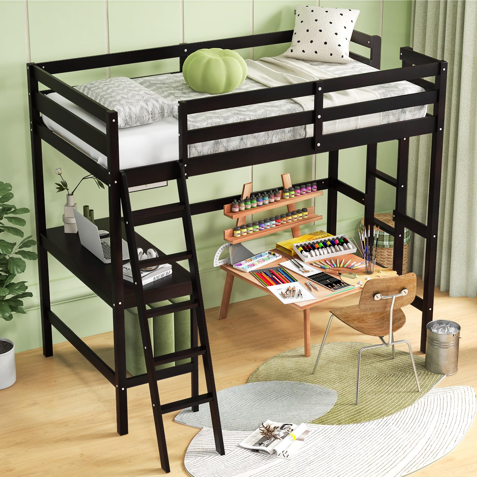 KOMFOTT Twin Size Wood Loft Bed with Desk, 2 Ladders, Full Length Guardrail for Kids Teens Adults