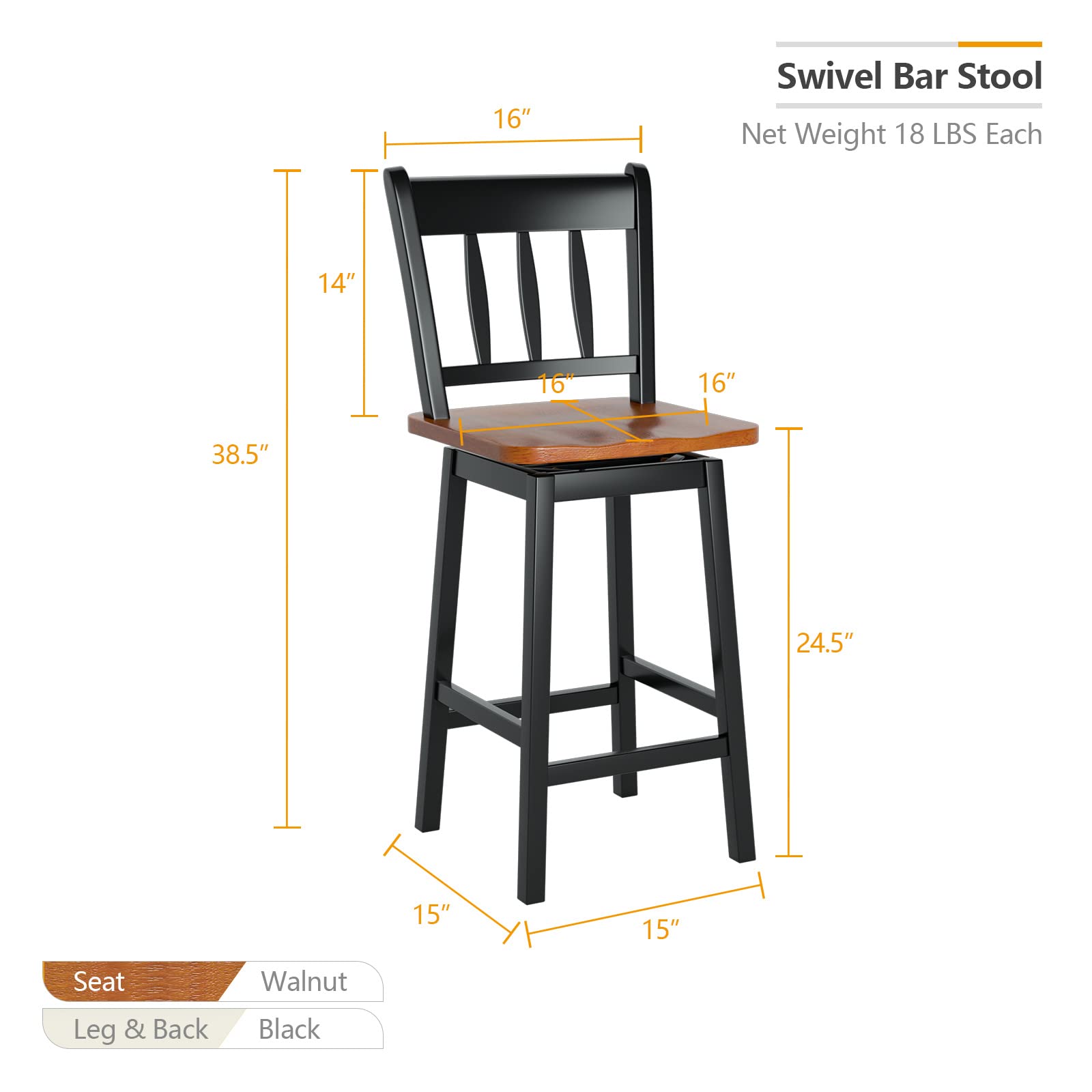 KOMFOTT Bar Stools Set of 2/4, 24.5 Inch Solid Rubber Wood Bar Chairs with 360 °Swiveling, Footrest