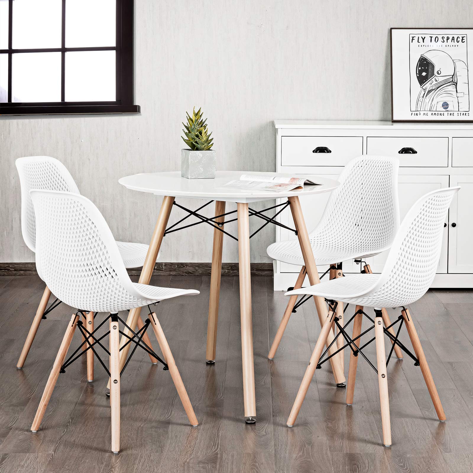 KOMFOTT Set of 4 Modern Dining Chairs, Outdoor Indoor Shell PP Lounge Side Chairs with Mesh Design, Beech Wood Legs